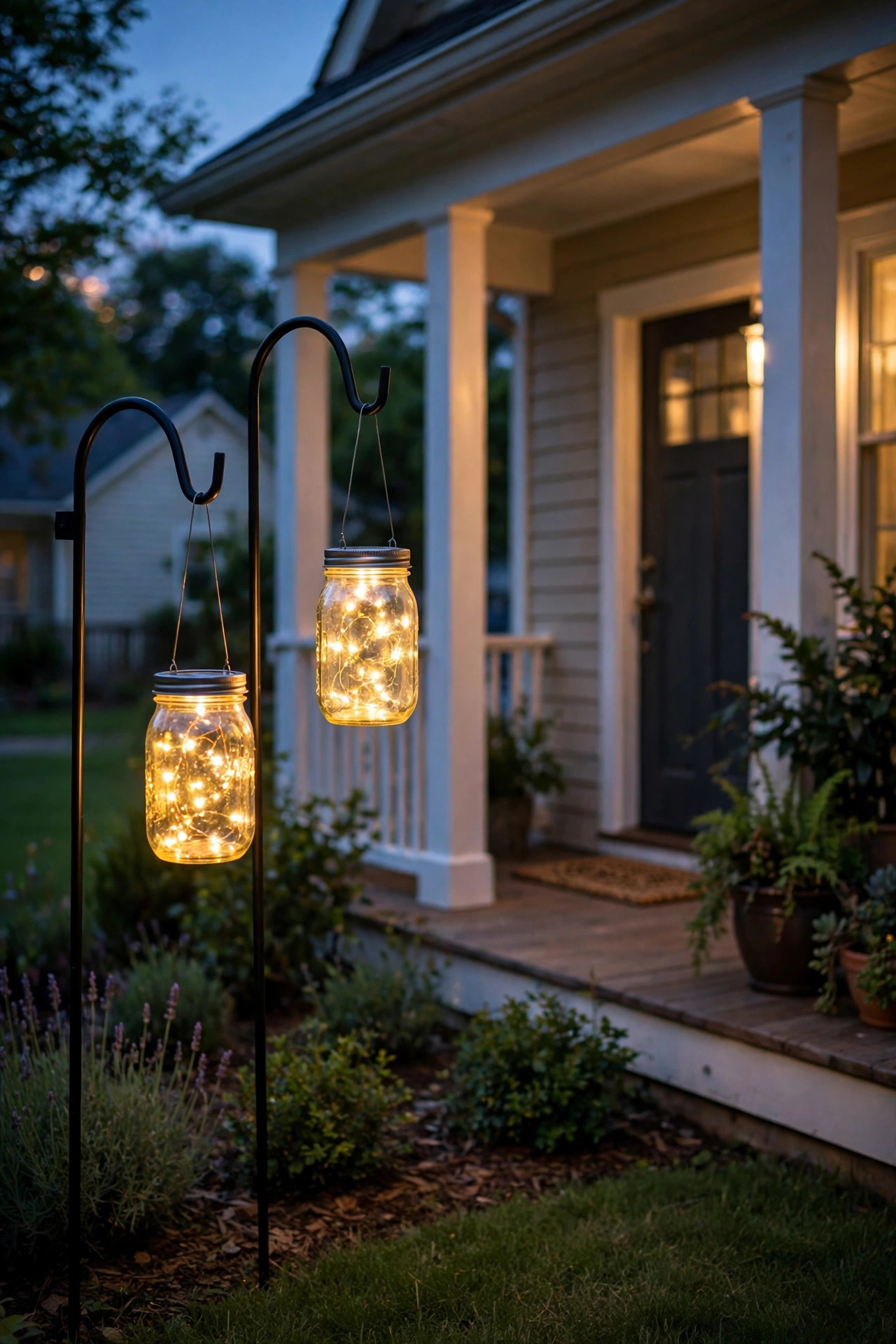 Mason jar lights hanging at different heights above the end of a deck dining table in the evening