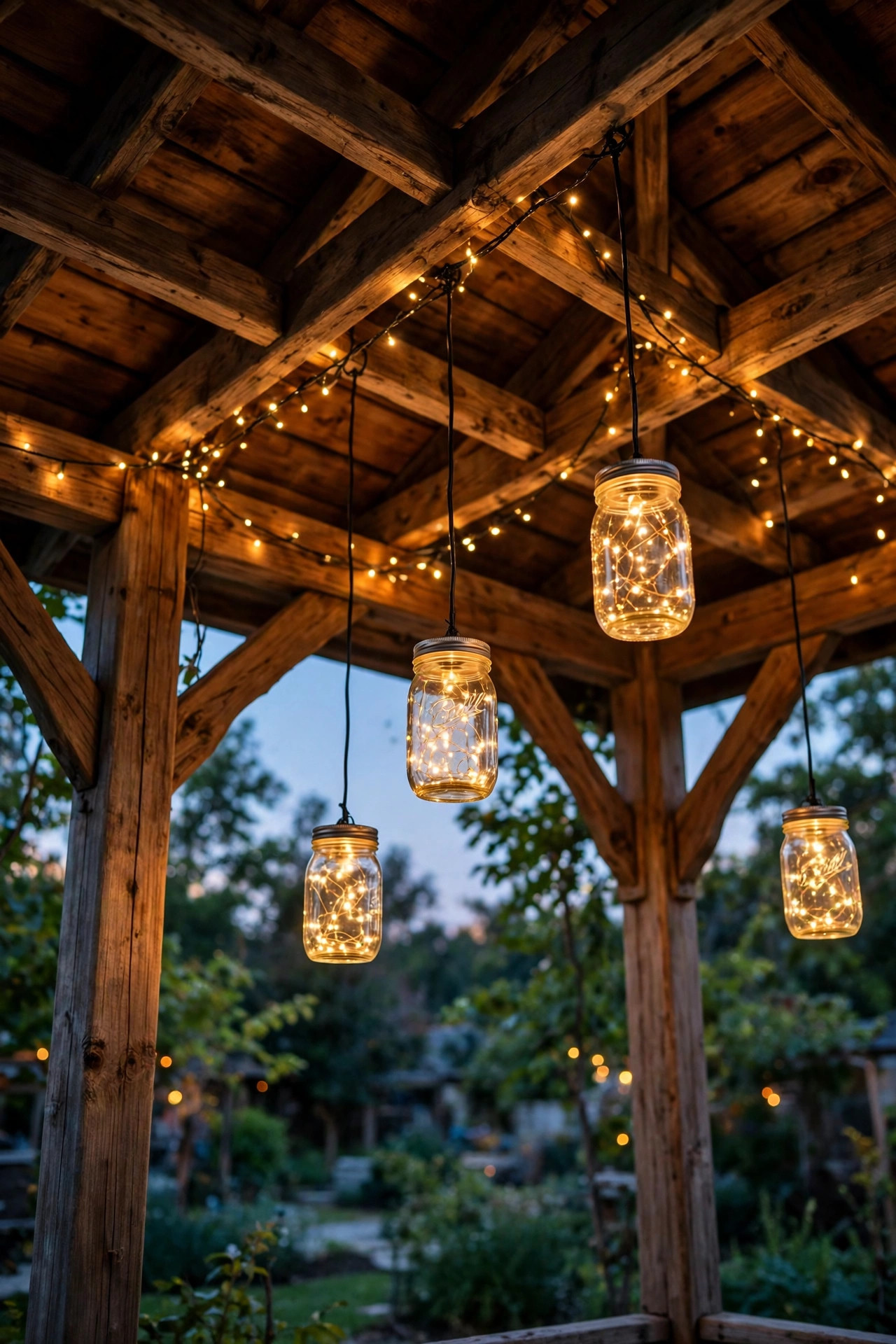 Mason jar pendant lights with warm fairy lights hanging from gazebo rafters