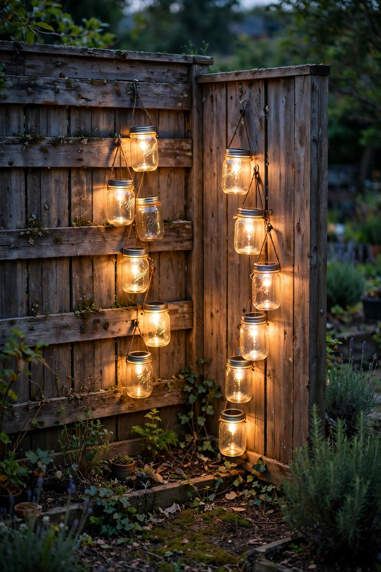 Mason jar solar sconces glowing in a descending cluster on both fence faces of a rustic backyard corner