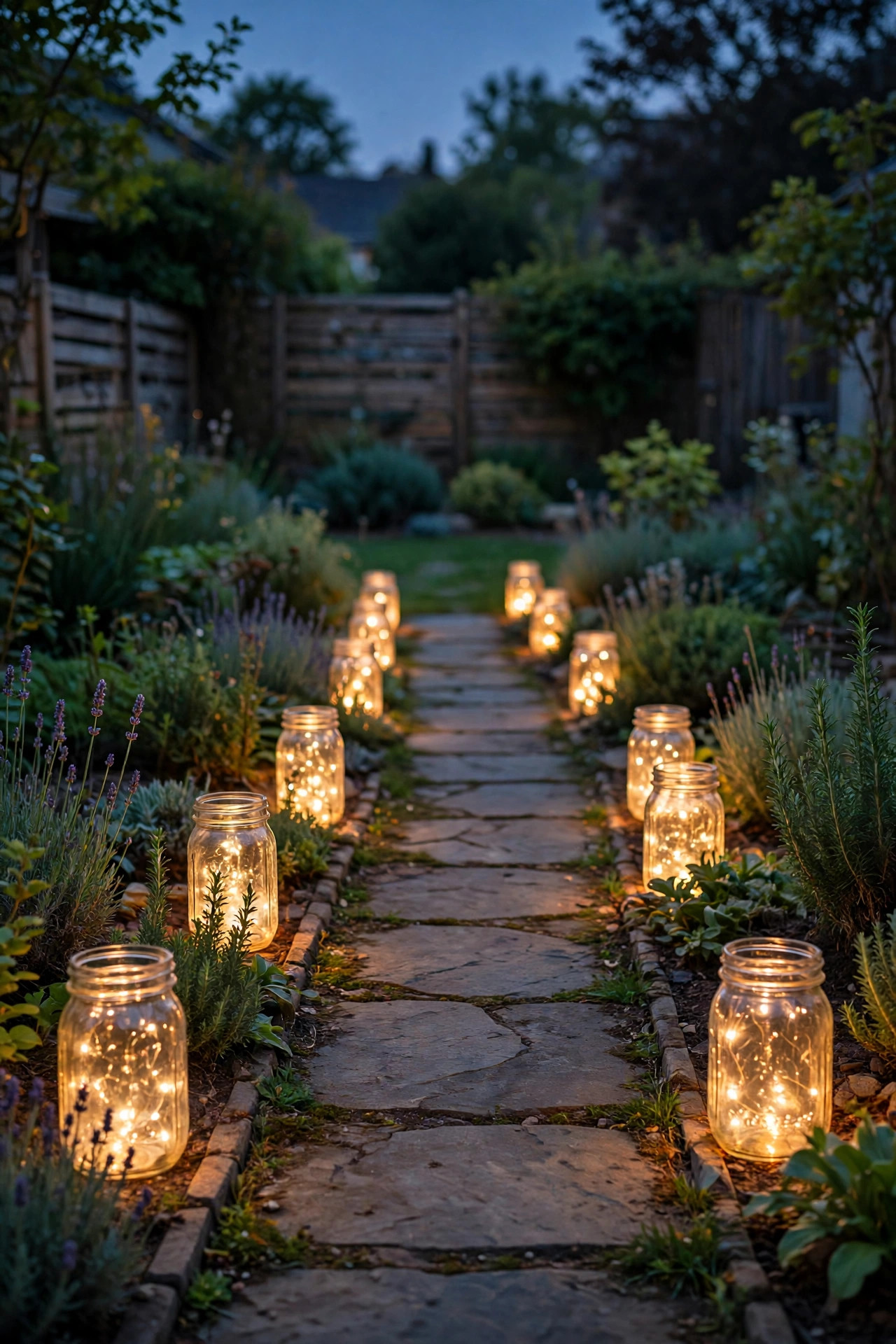Mason jar lanterns with warm LED lights spaced along a backyard walkway at dusk
