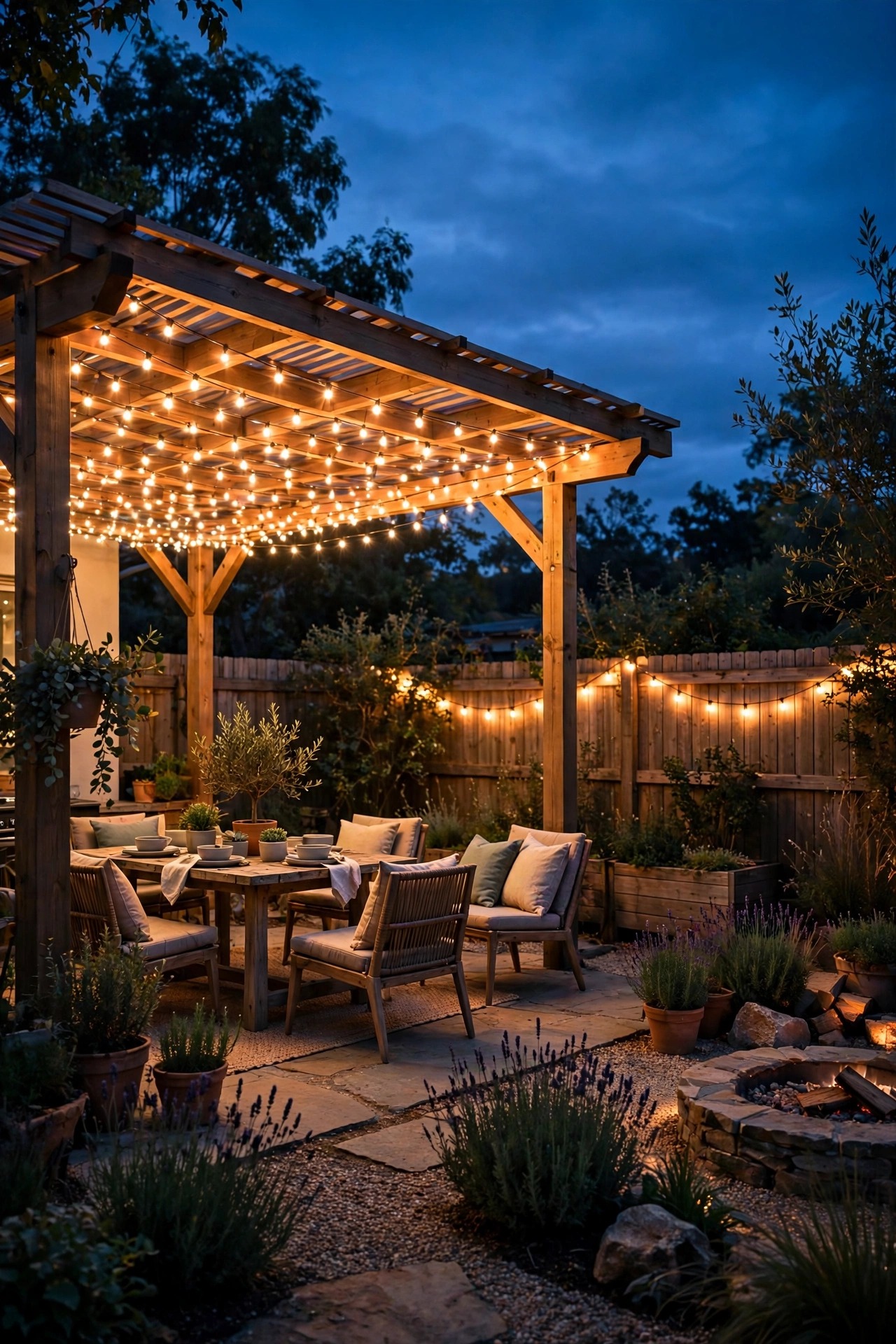 A whole backyard lit by grouped smart string light zones at different warm levels in one master scene