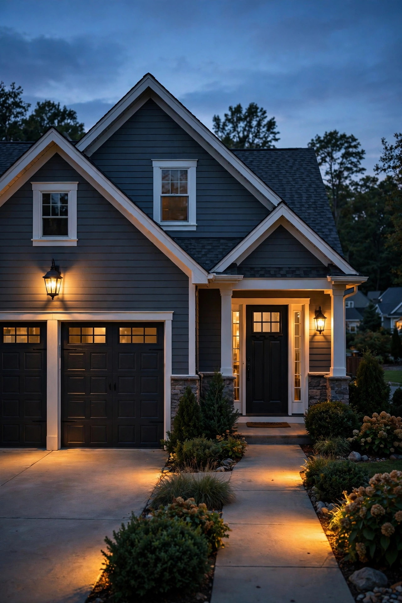 House exterior at dusk with matching black carriage lanterns at the garage and front door