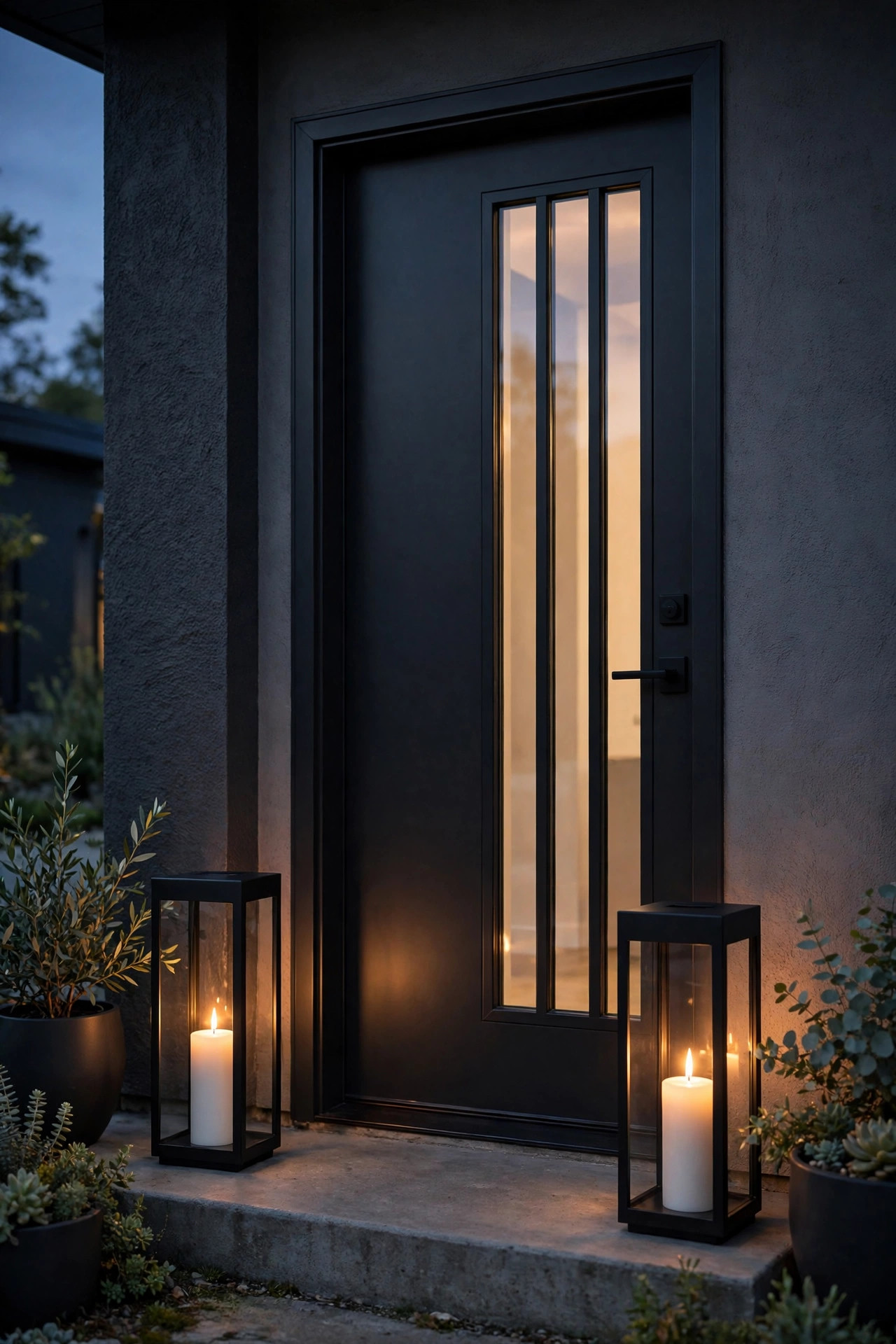 Matte black modern lanterns with white pillar candles beside a contemporary front door