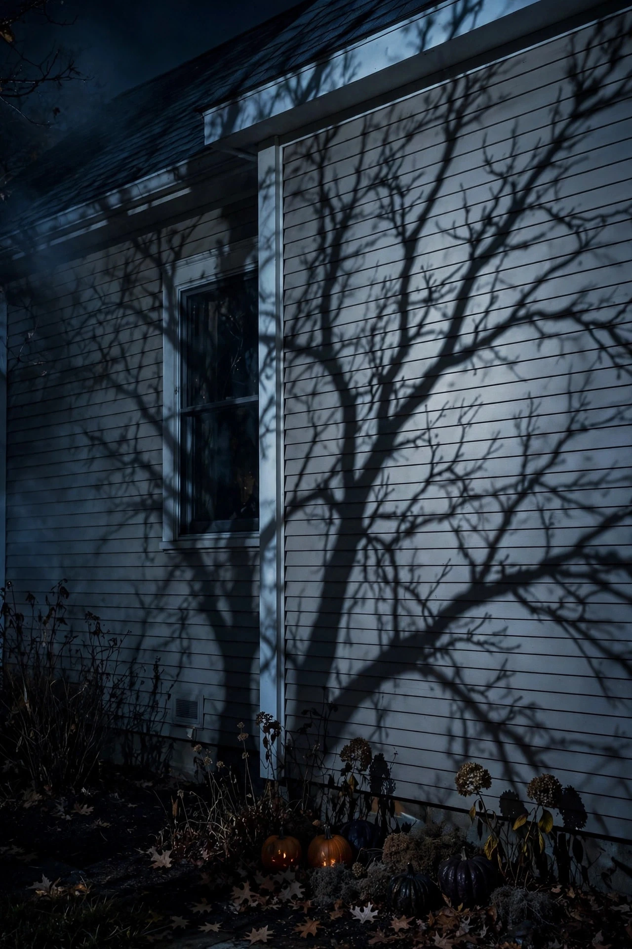 Cool white spotlight casting dramatic bare branch shadows across a house at Halloween