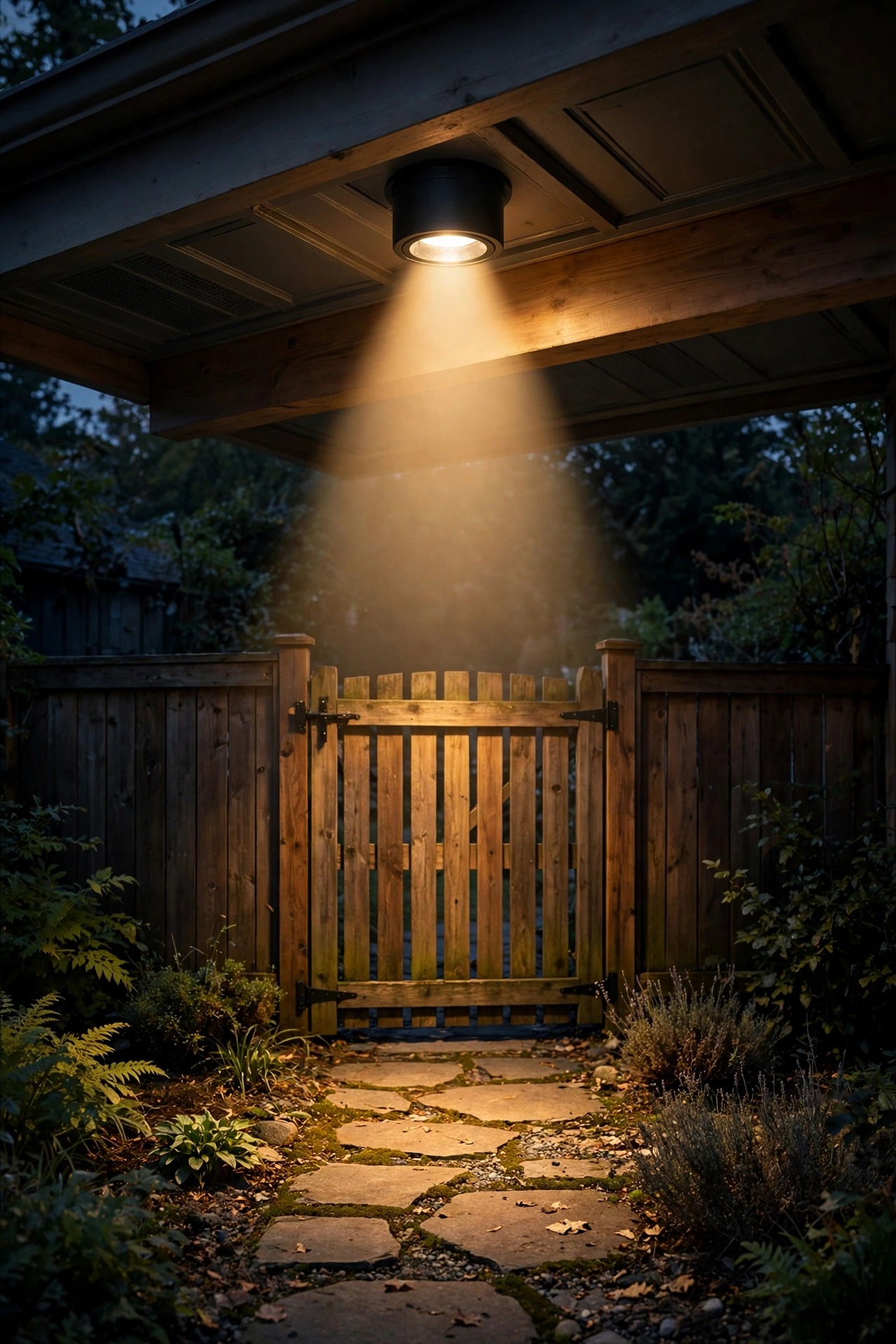 Shielded downlight mounted high under an eave casting a soft moonlight cone over a side yard gate and path