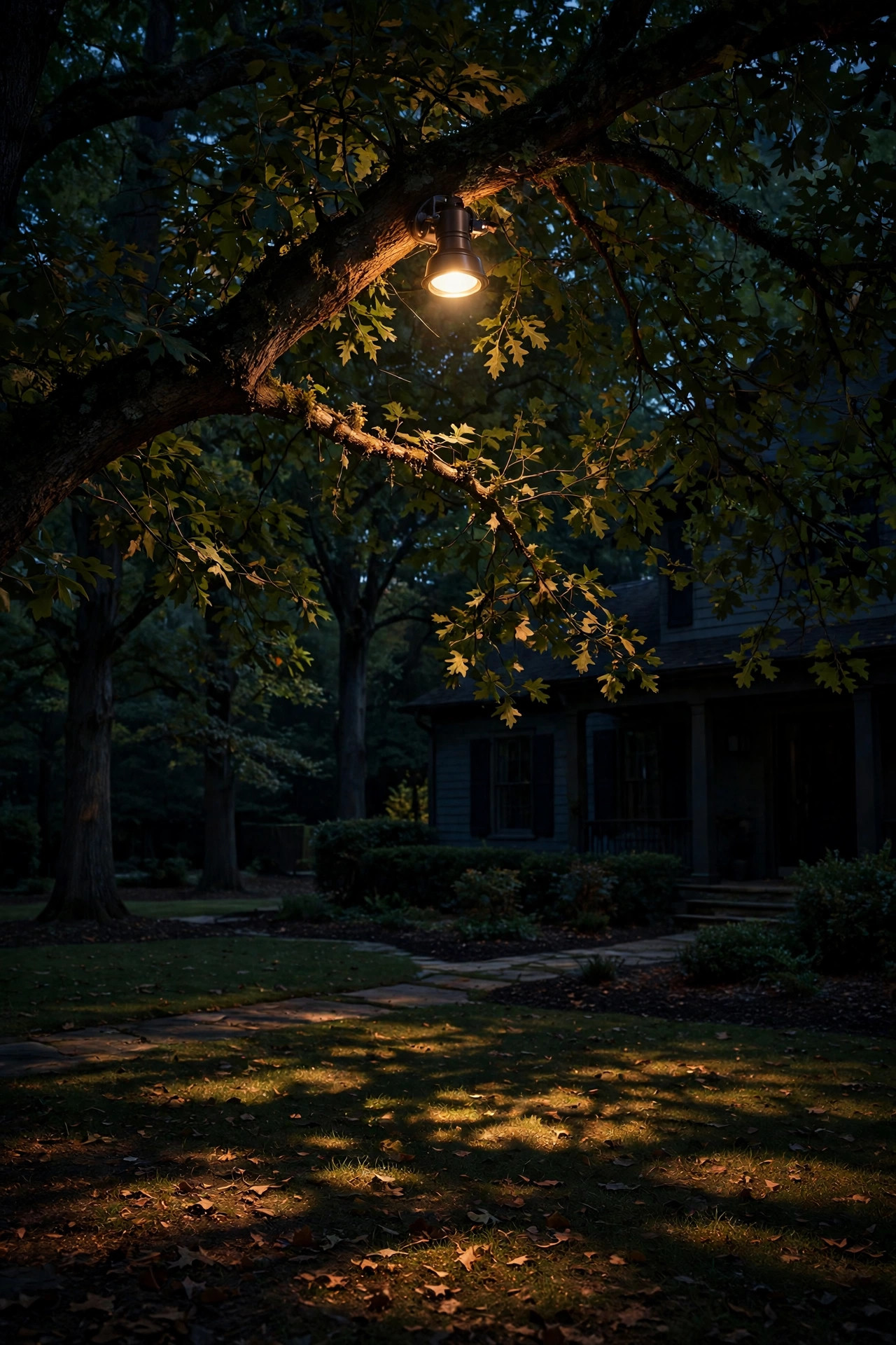 Moonlighting fixture high in a tree canopy casting soft dappled light over a dark front yard at night