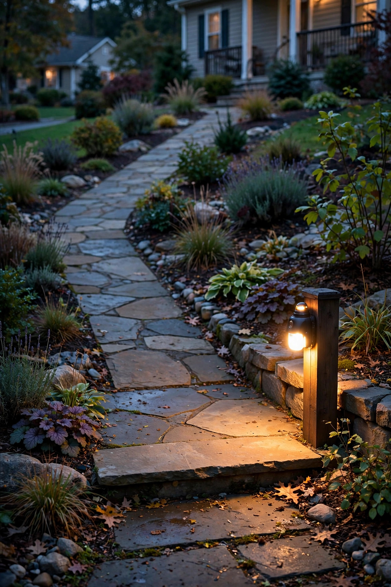 Motion sensor light glowing at the bottom landing of a sloped front yard path