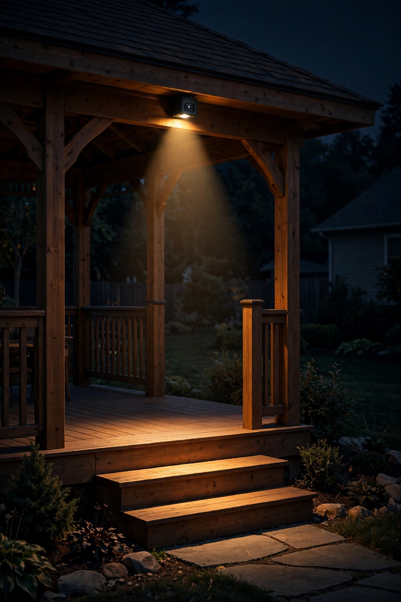 Motion sensor security light mounted by a gazebo entrance glowing warmly at night
