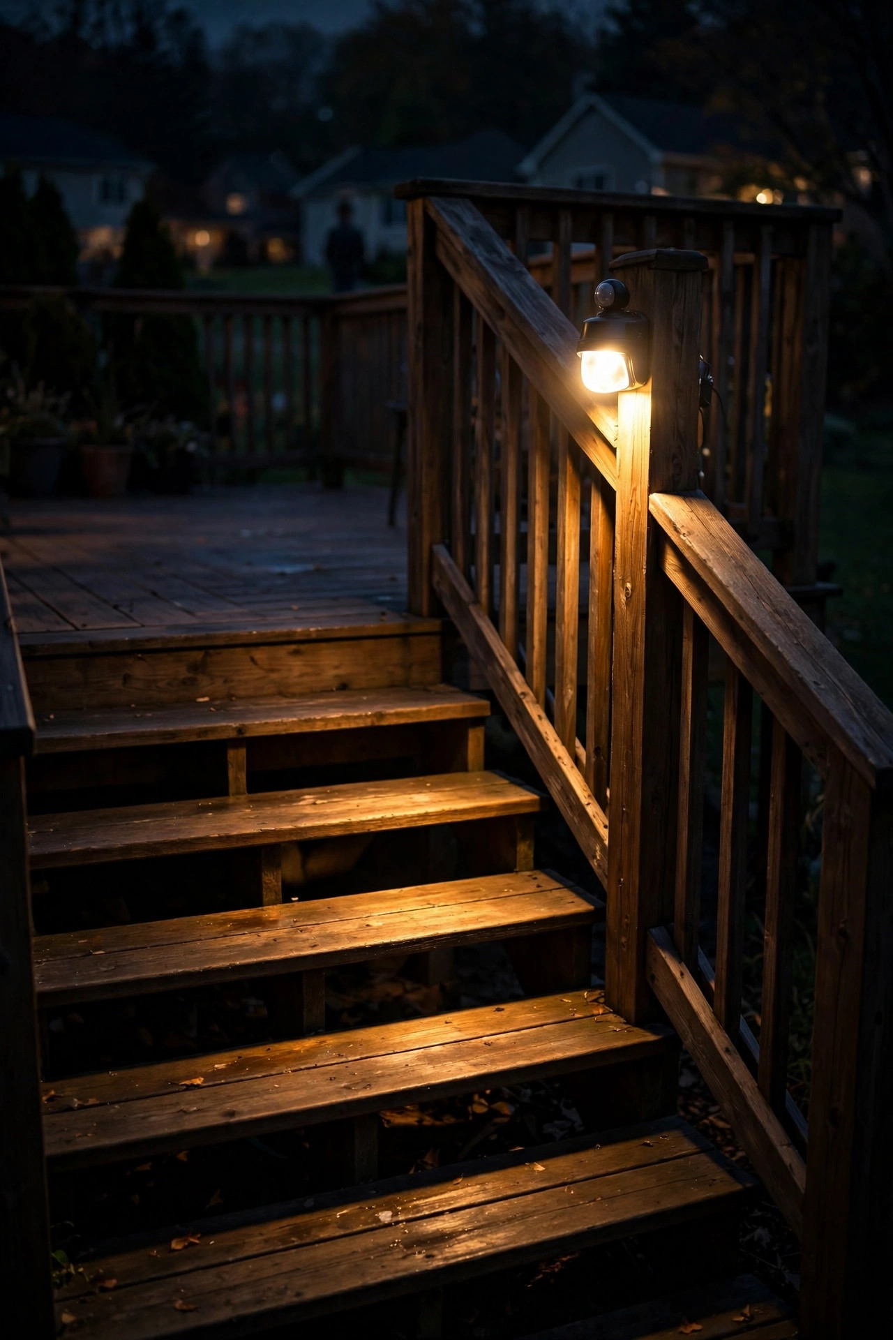Motion-sensor light glowing on wooden deck stairs at night as someone approaches