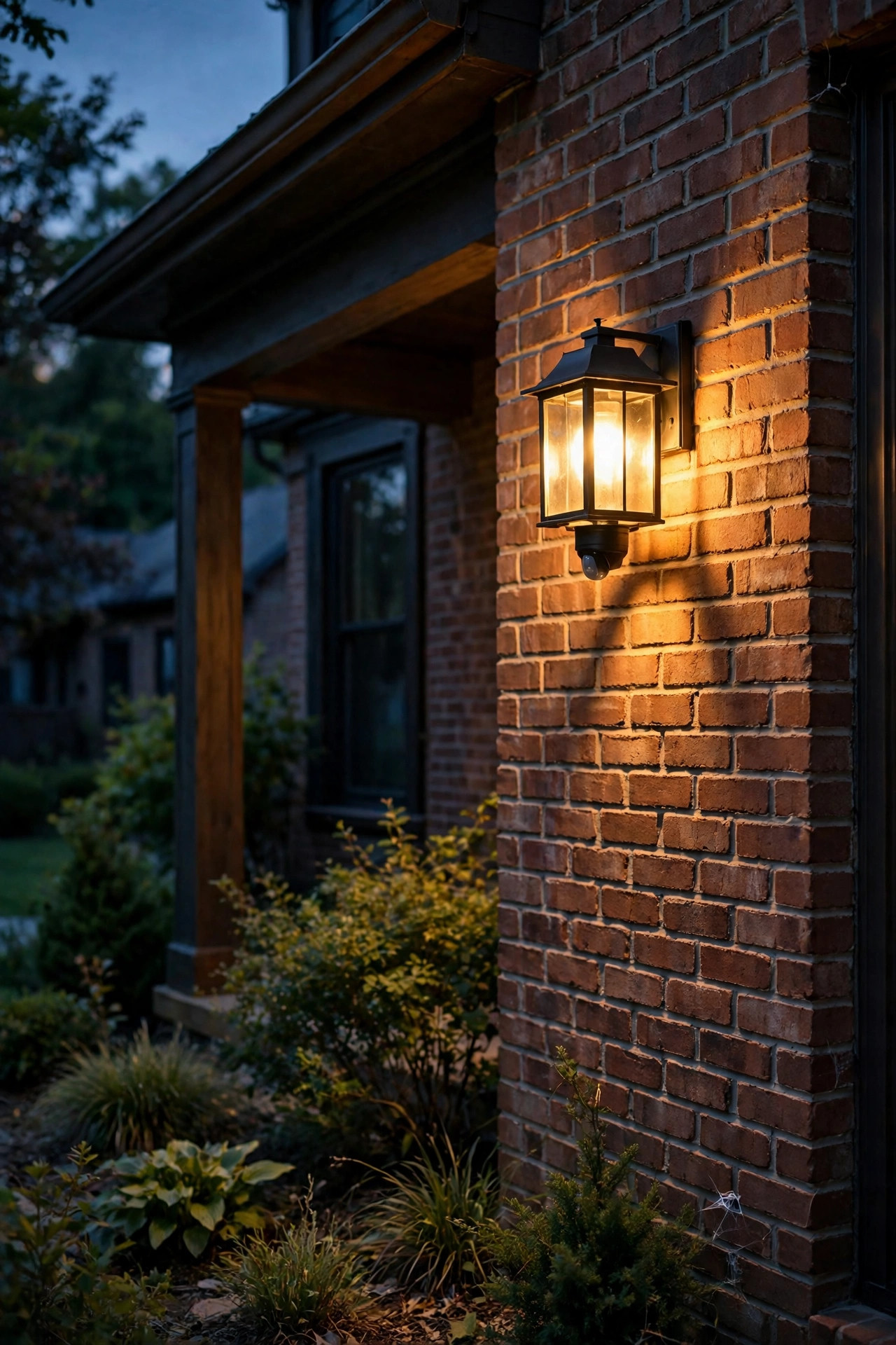 Motion sensor lantern sconce glowing on the side wall of a brick porch at night