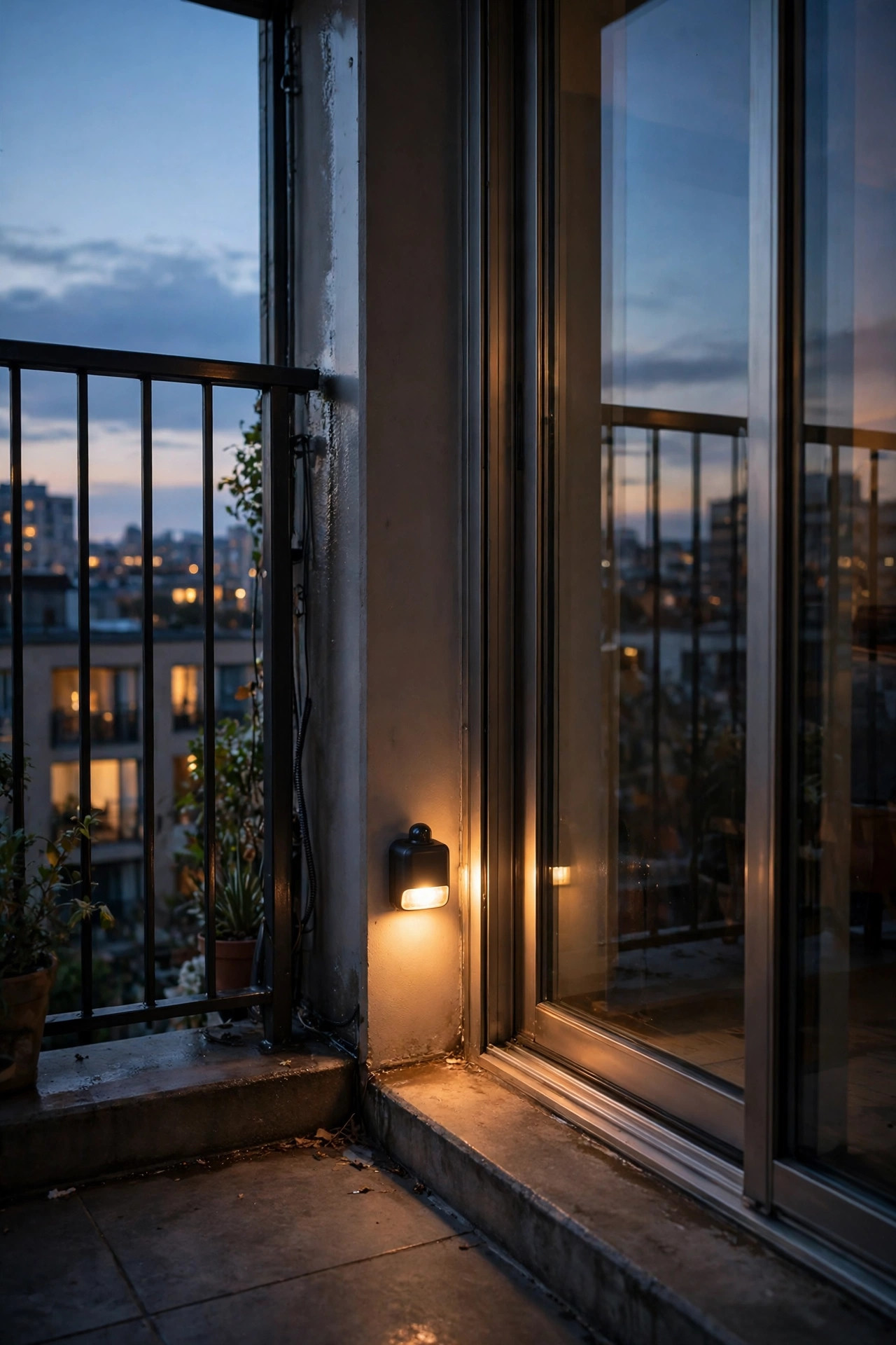 Small warm motion-sensor light glowing beside a sliding door threshold on a corner balcony at dusk