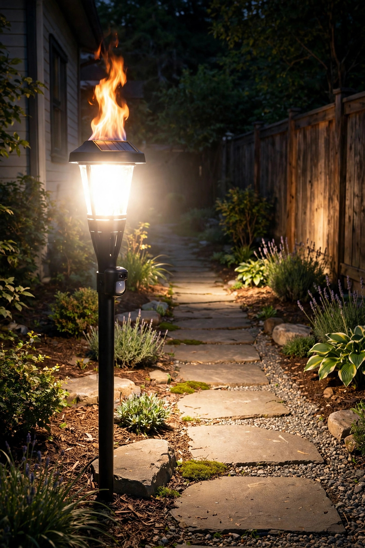 Solar torch with motion sensor glowing brighter along a side-yard path at night