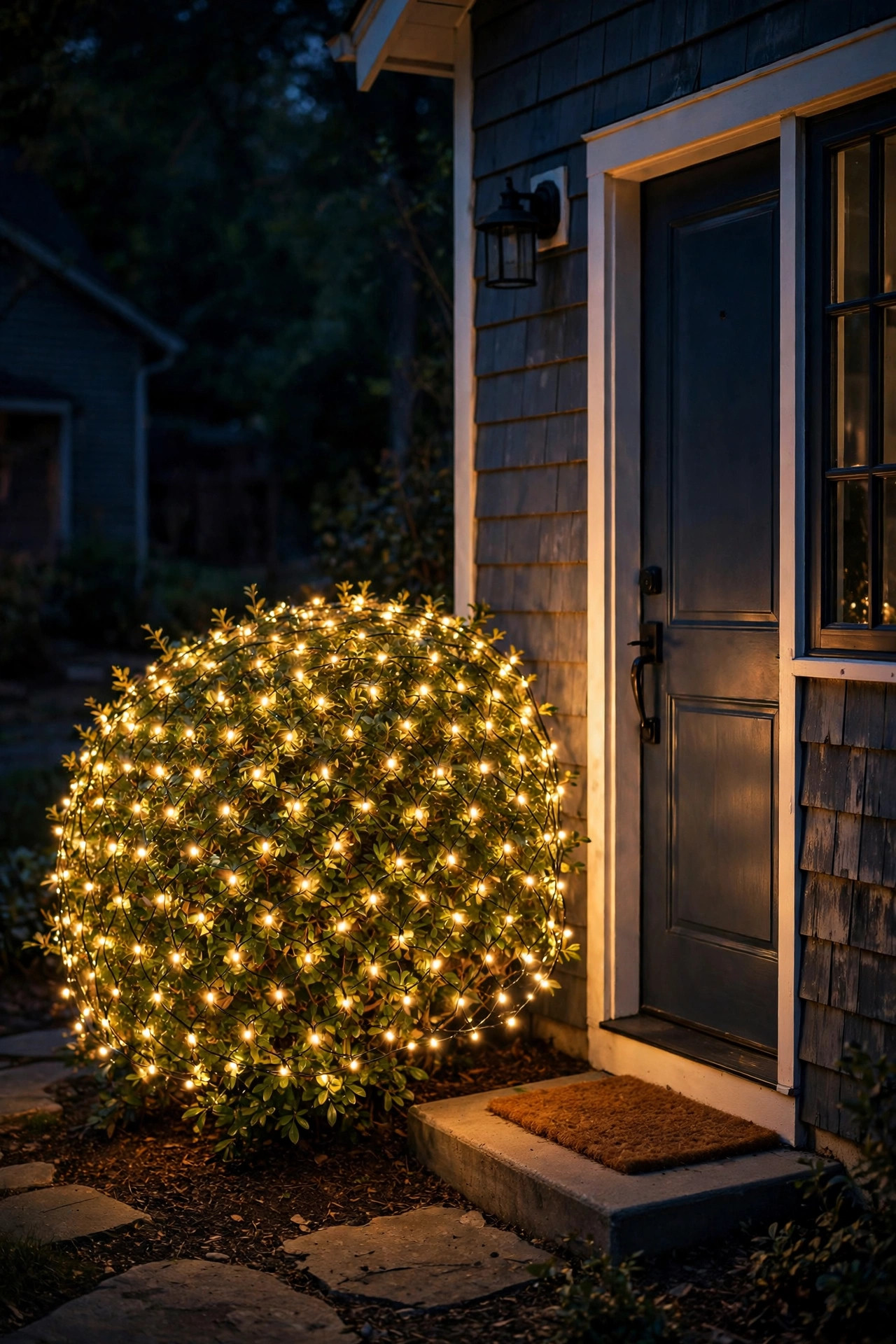 Warm net lights draped evenly over a front shrub beside a rental home entrance at night