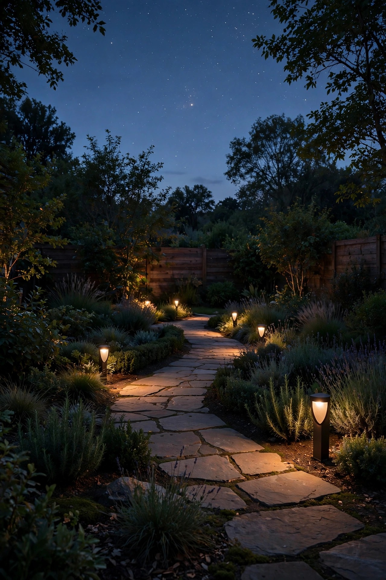Evening yard check scene with a softly lit garden path, shielded warm fixtures and dark planted borders under a starry twilight sky