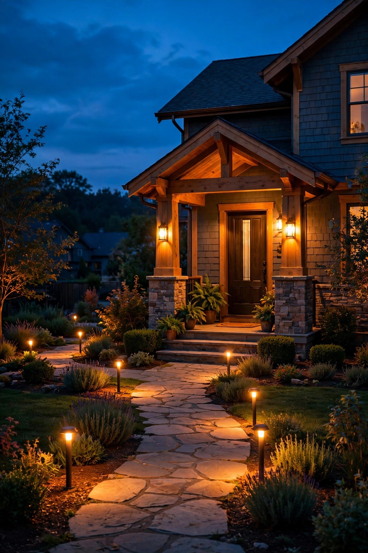 A whole front yard glowing in one consistent warm 2700K color temperature from porch to path at night