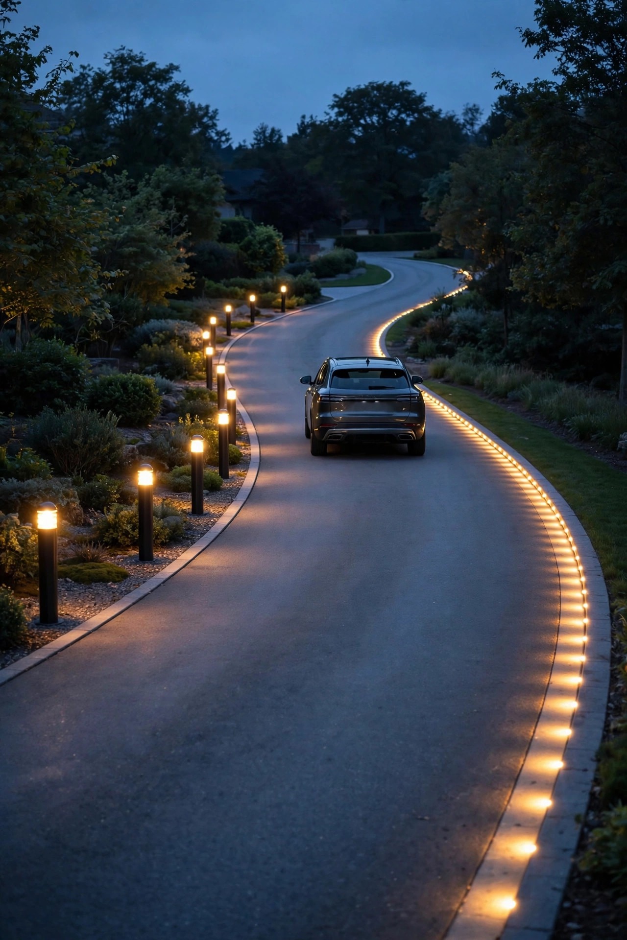 Curved driveway at dusk with both edges clearly defined, warm bollards along one side and flush glowing ground markers along the other, car centered neatly between the two rails of light