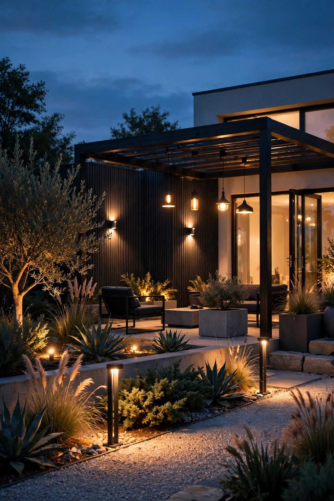 Modern garden at dusk with every fixture matched to one warm 2700K color temperature