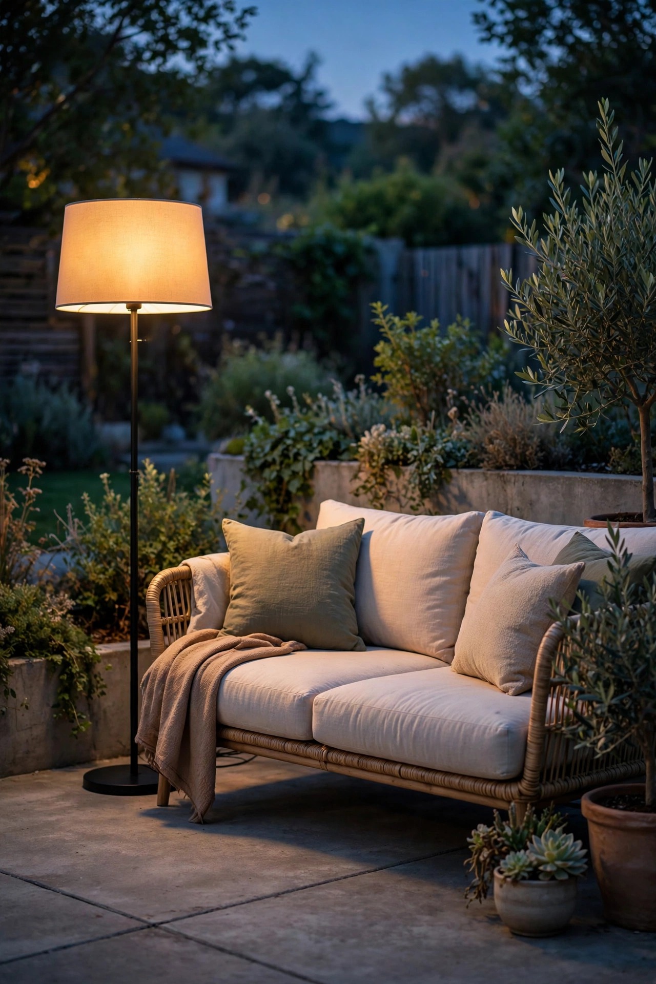 Outdoor floor lamp glowing beside a sofa on a concrete patio at dusk
