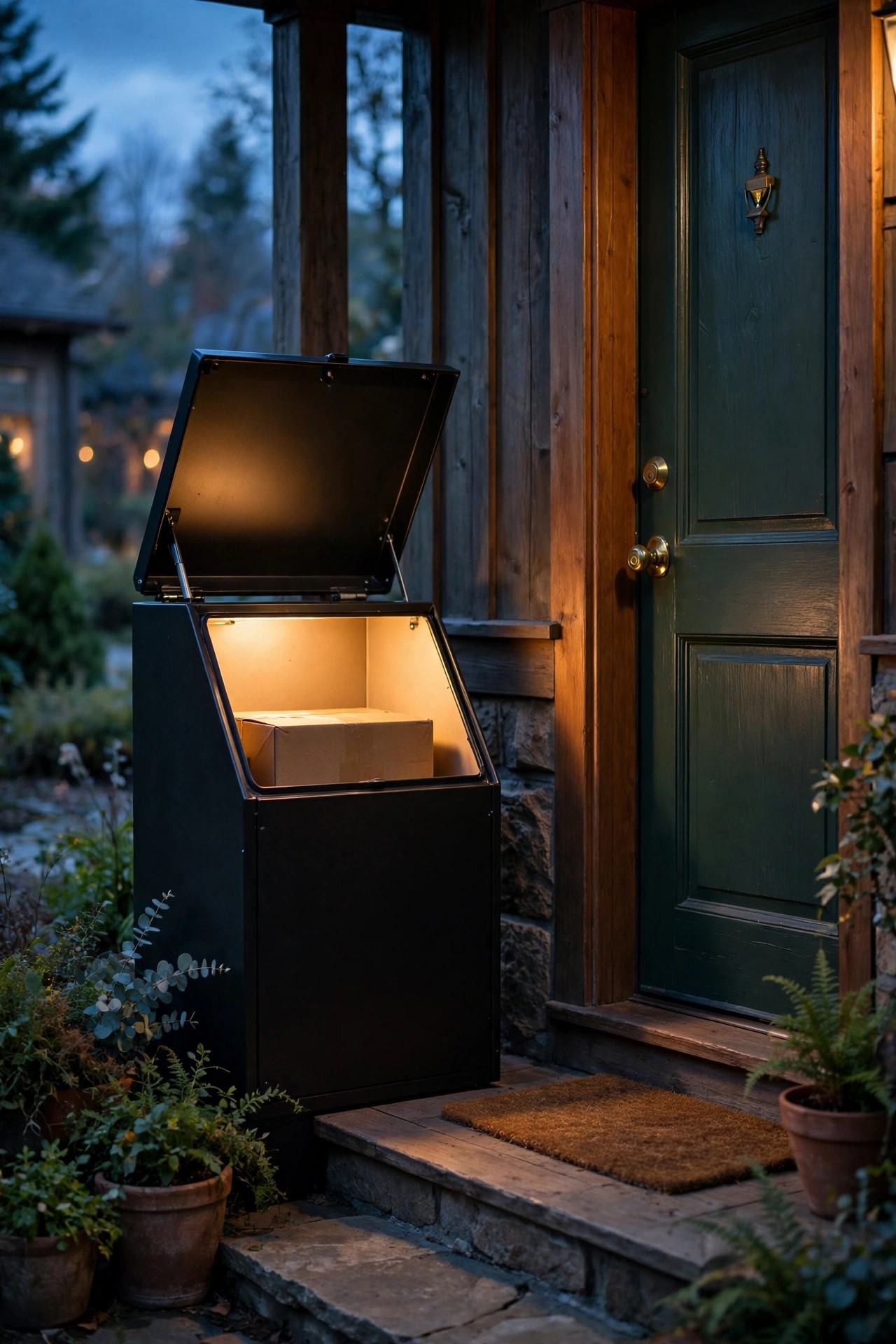 Package drop box beside a front door with a soft light glowing inside the open lid at dusk