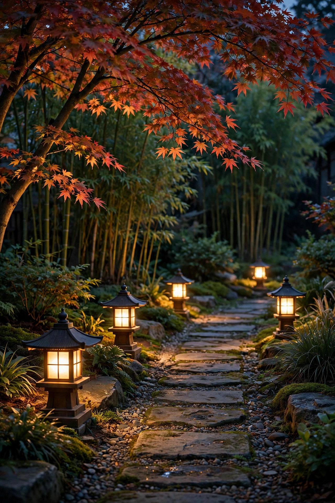 Pagoda path lights glowing beneath a Japanese maple with clumping bamboo in the background