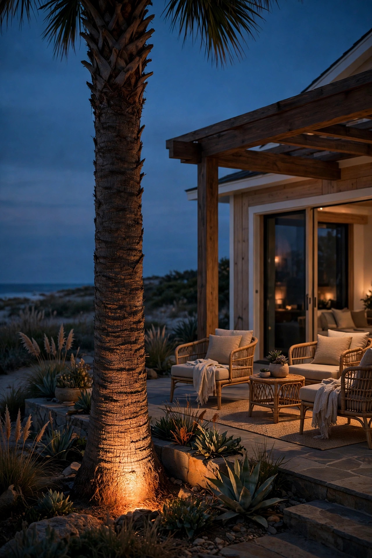 Warm uplight glowing at the base of a palm tree beside a beach house patio at night