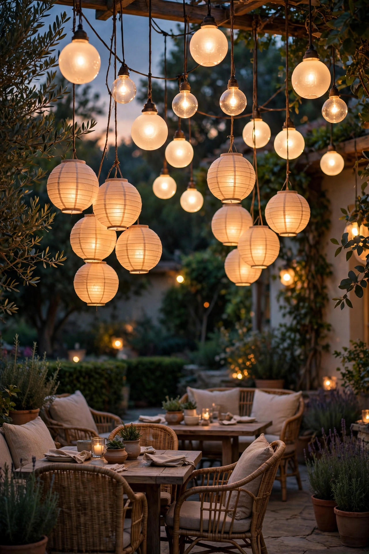 Clusters of warm paper lanterns and frosted globe lights hanging at varied heights over patio seating