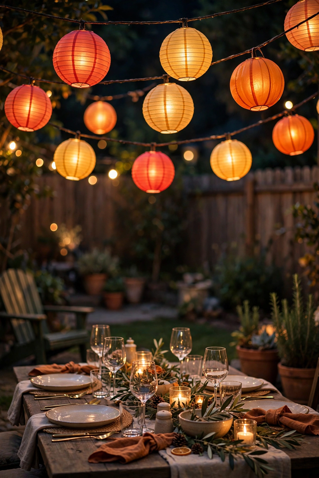 Colorful paper lantern strands glowing above an outdoor party table setting at night