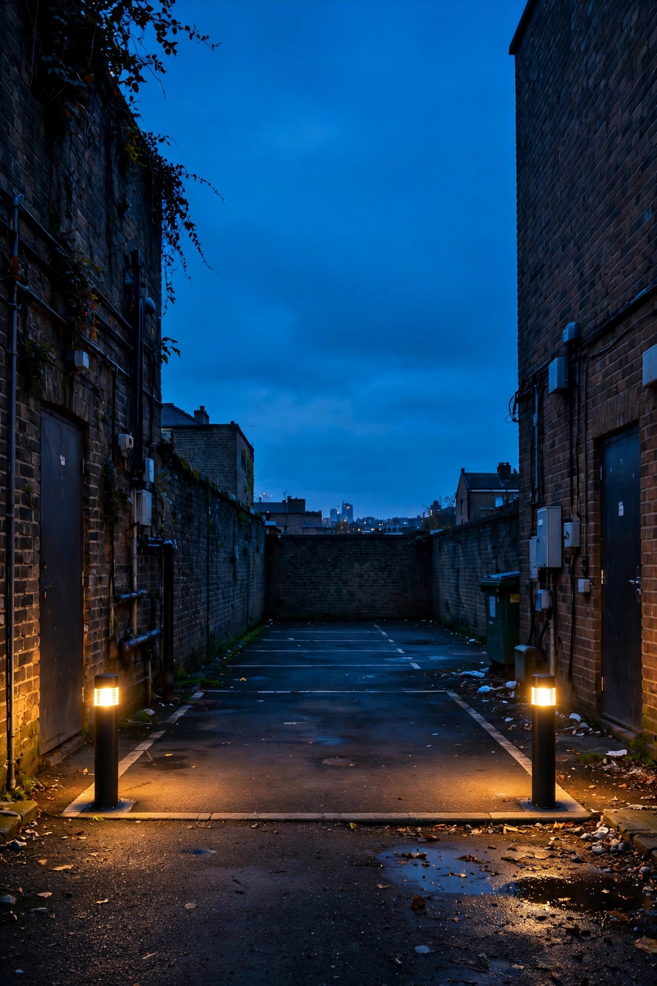 Two low bollard lights marking the corners of a small parking pad at the end of an urban alley at dusk