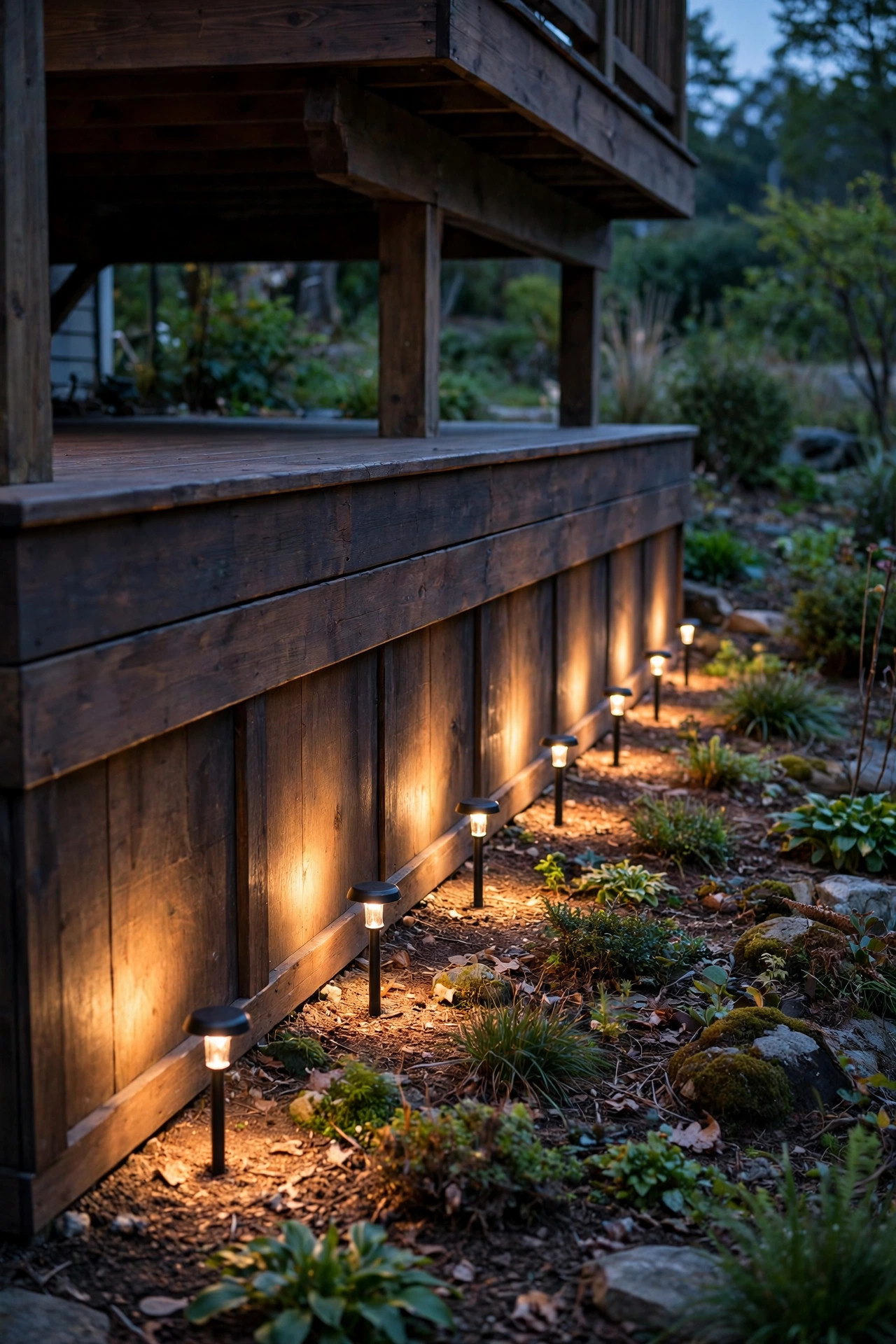 Low path lights lining the perimeter of a deck casting pools of light on the skirting