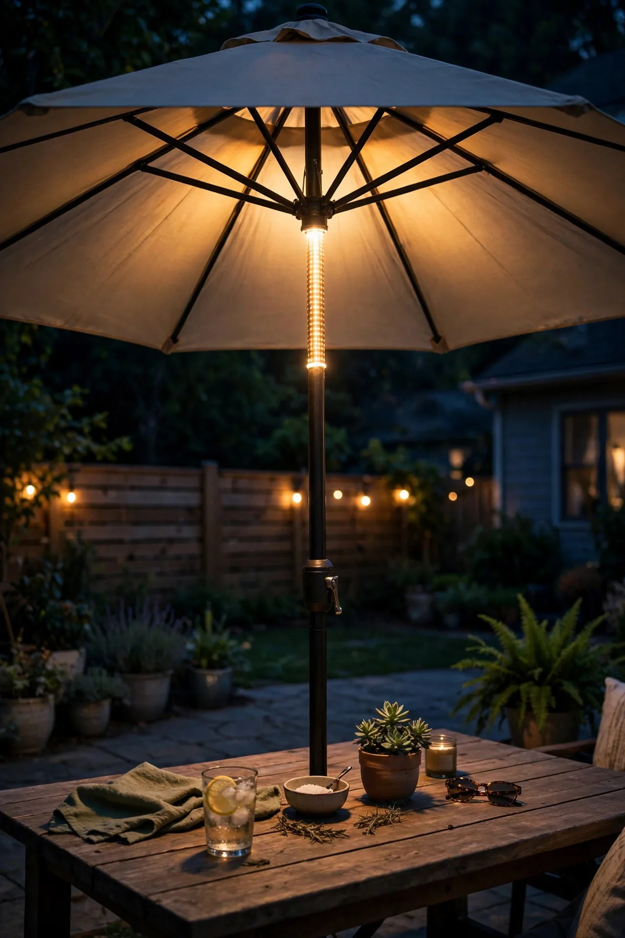 LED umbrella pole light glowing under a patio umbrella at night