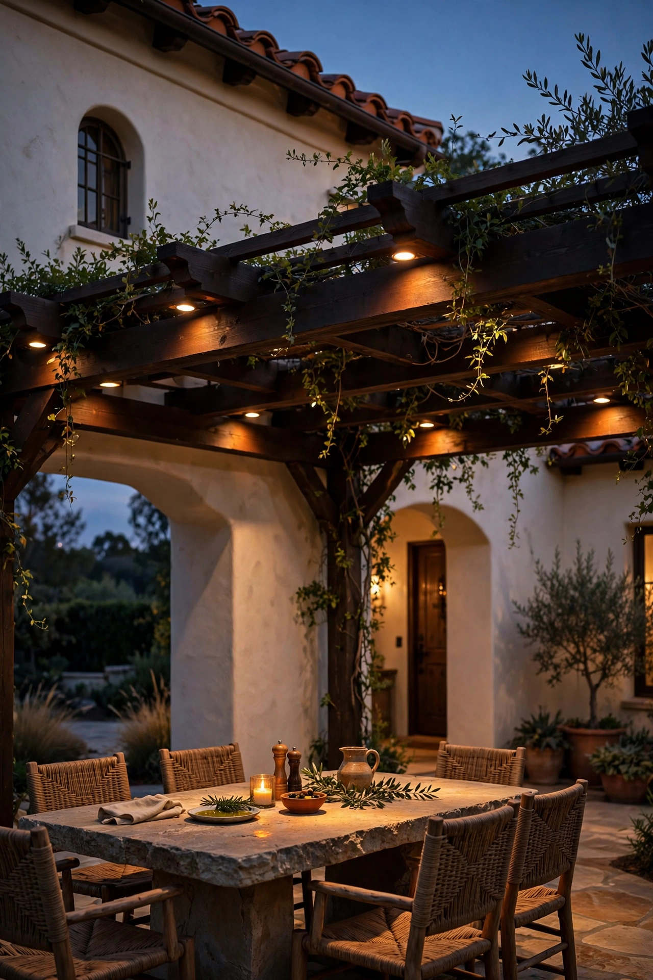 Recessed warm downlights tucked into wooden pergola beams over a dining area