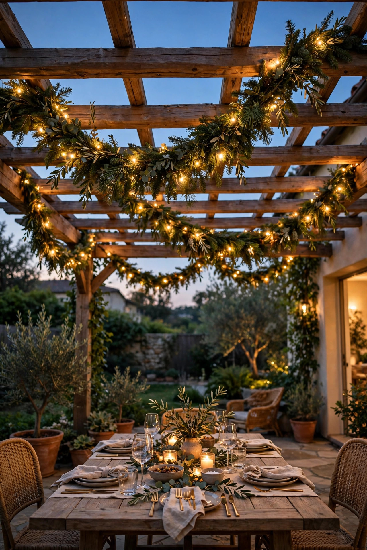 Prelit evergreen garland swagged across pergola beams over a patio dining table with warm lights