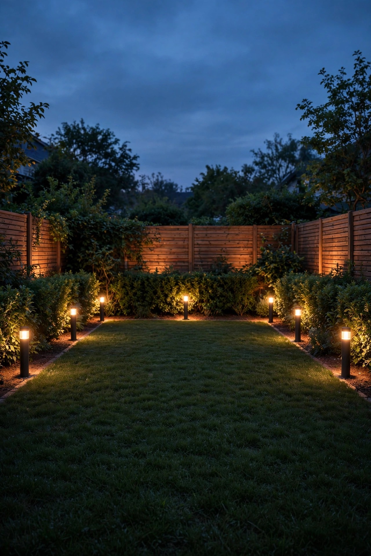 Front yard at dusk lit only around its perimeter, glowing walk driveway edge and house beds framing a calm dark lawn in the center