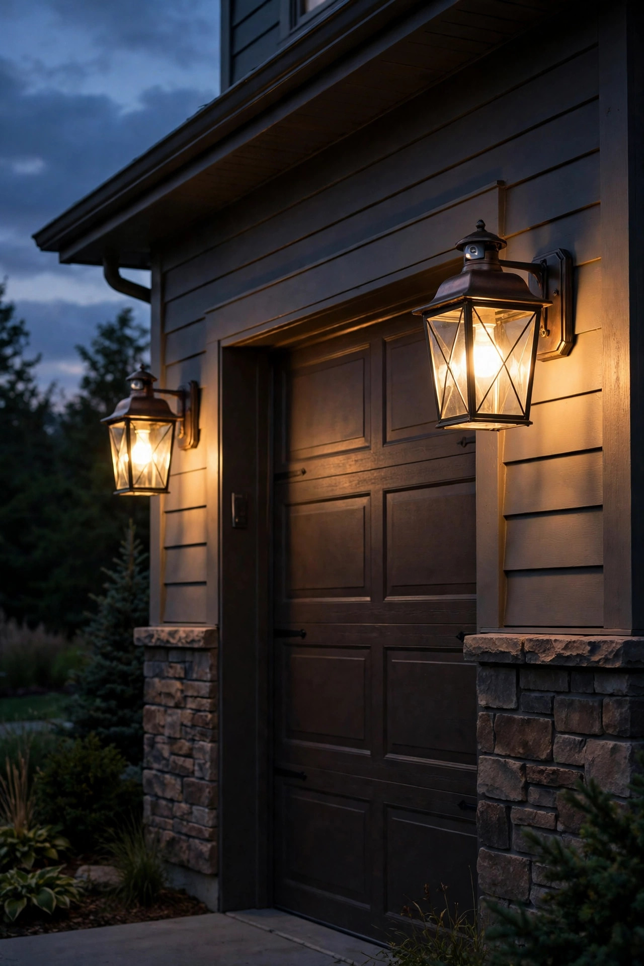 Garage lantern sconces with dusk-to-dawn photocell bulbs glowing automatically at twilight
