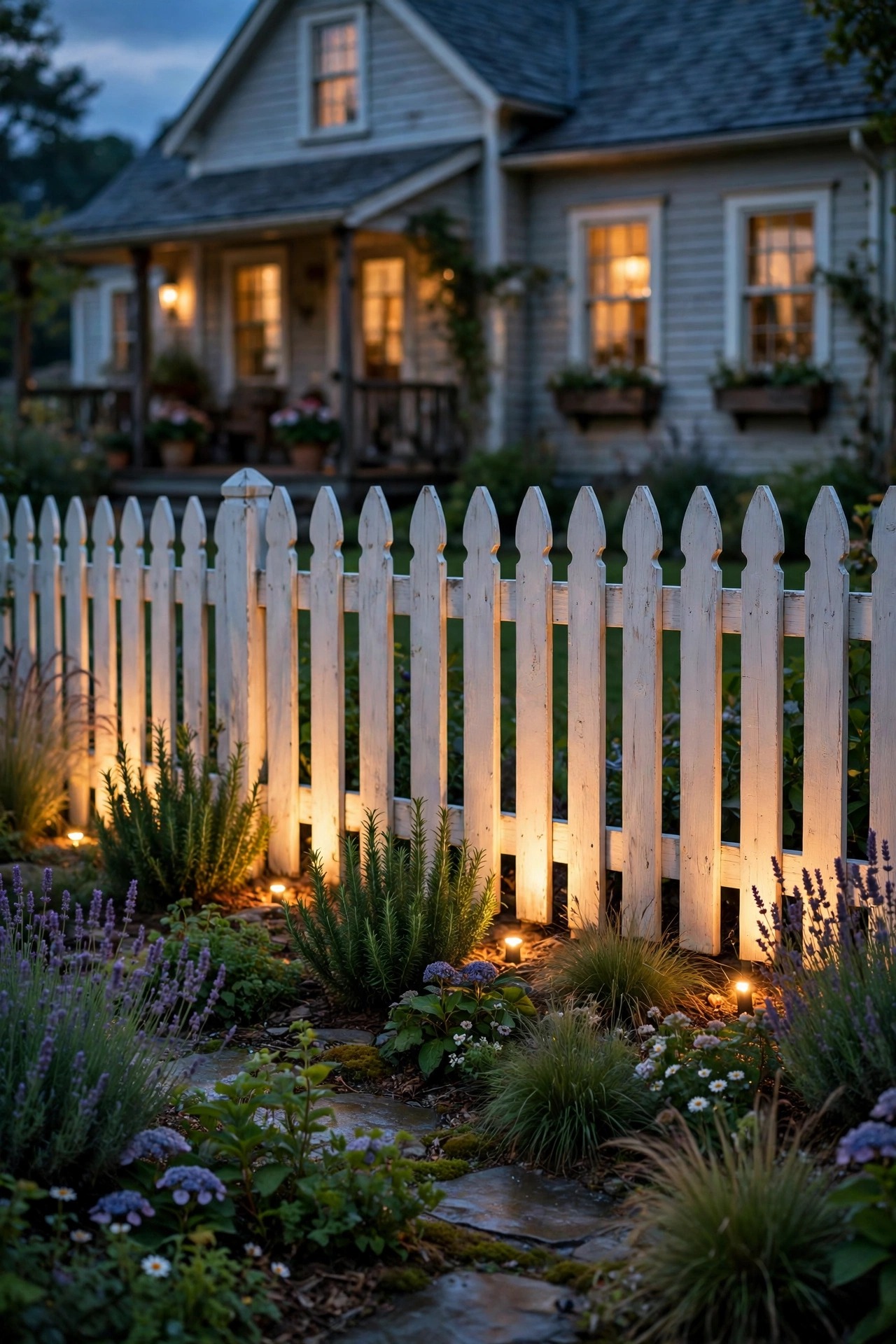 White picket fence softly washed with warm ground-level light in a farmhouse front garden at dusk