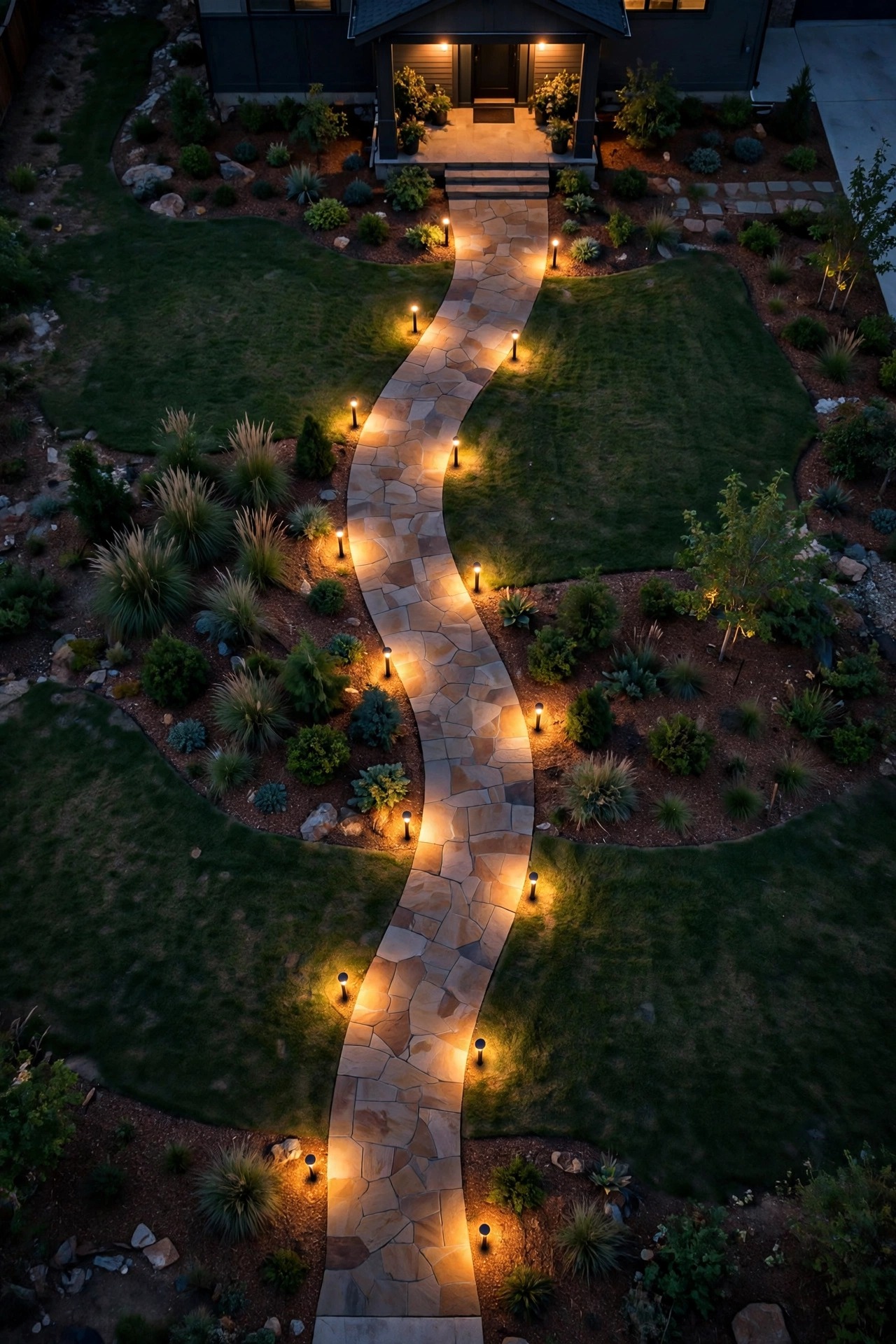 Overhead dusk view of a front yard layout coming to life, evenly spaced warm path lights staggered along a curved walkway toward a lit entry
