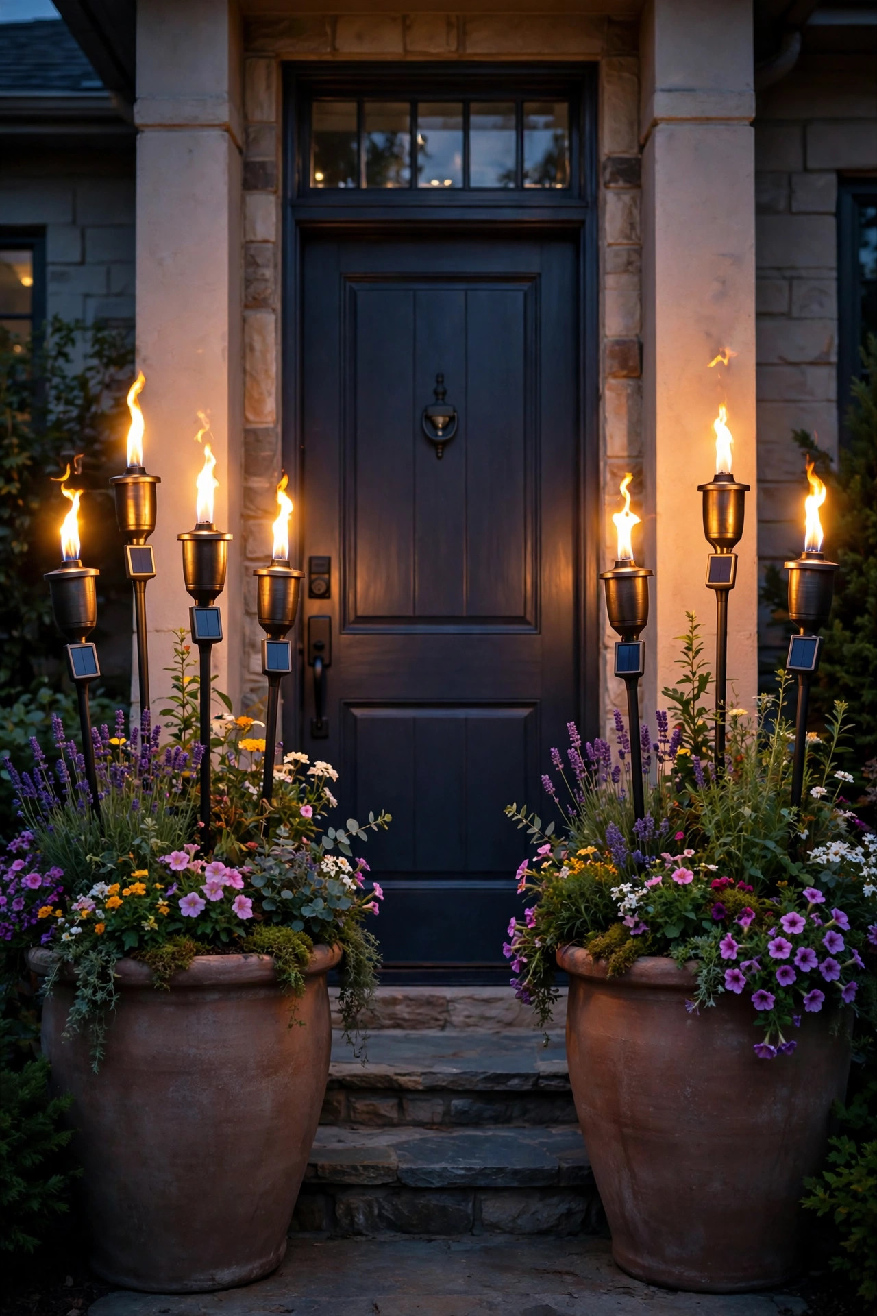 Solar flame torches in oversized planters flanking a front door at dusk with flowers around the stakes