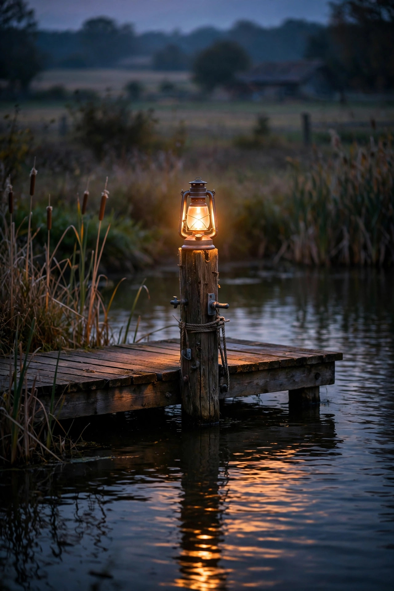 Soft warm light on a post at a farm pond dock at dusk with light reflecting on the water