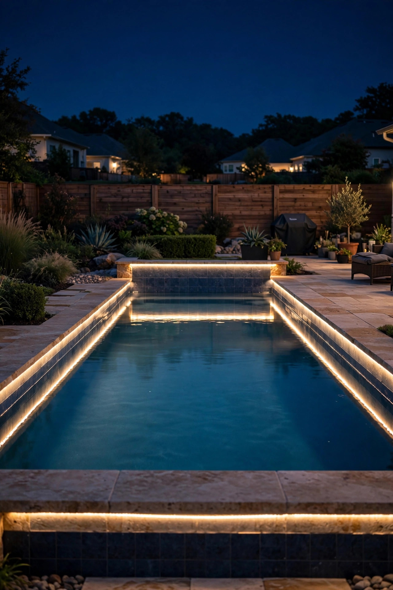 Swimming pool at night with waterproof rope light glowing in a channel under the pool coping