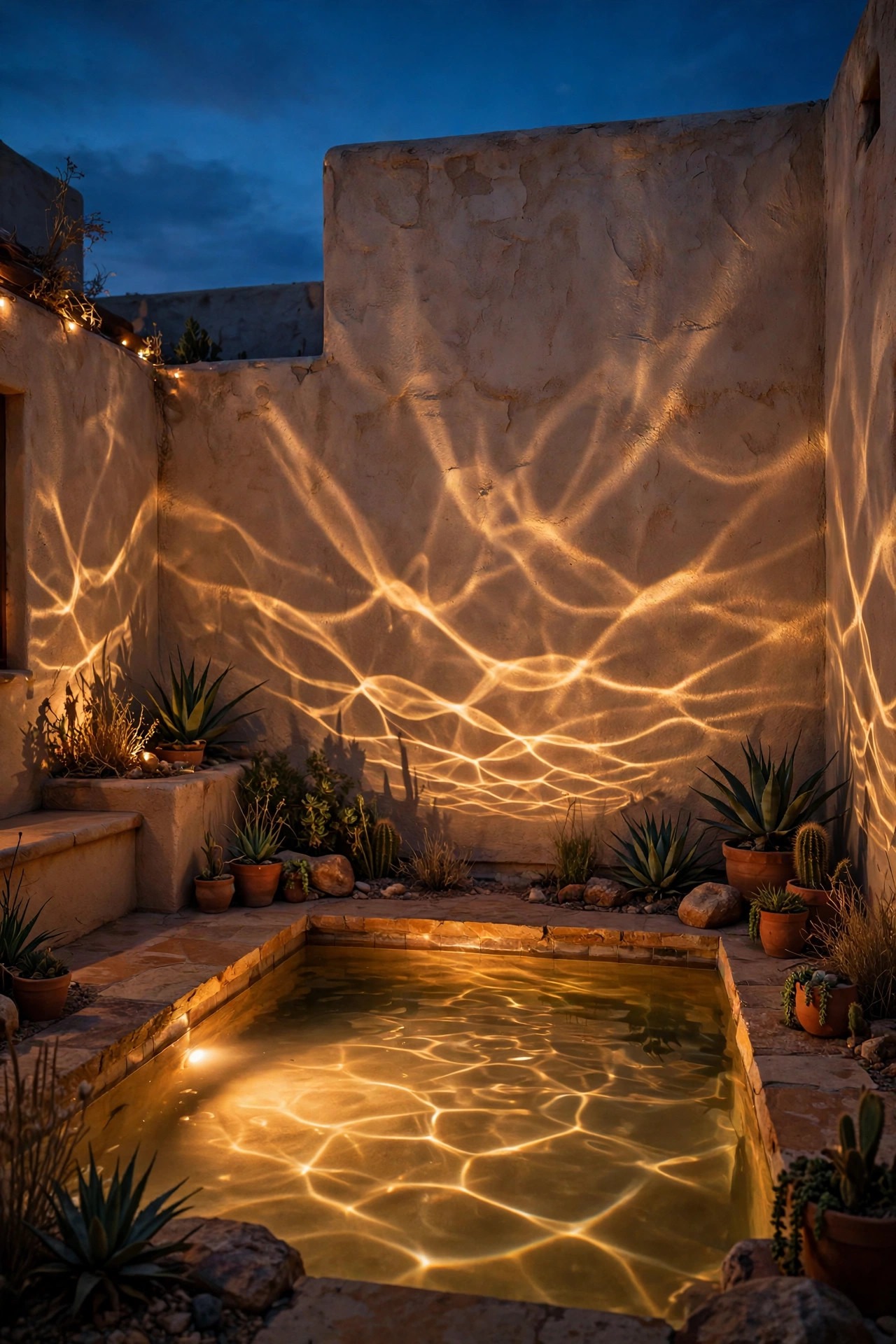 Small desert courtyard reflecting pool at night with a warm underwater glow rippling light across a stucco wall