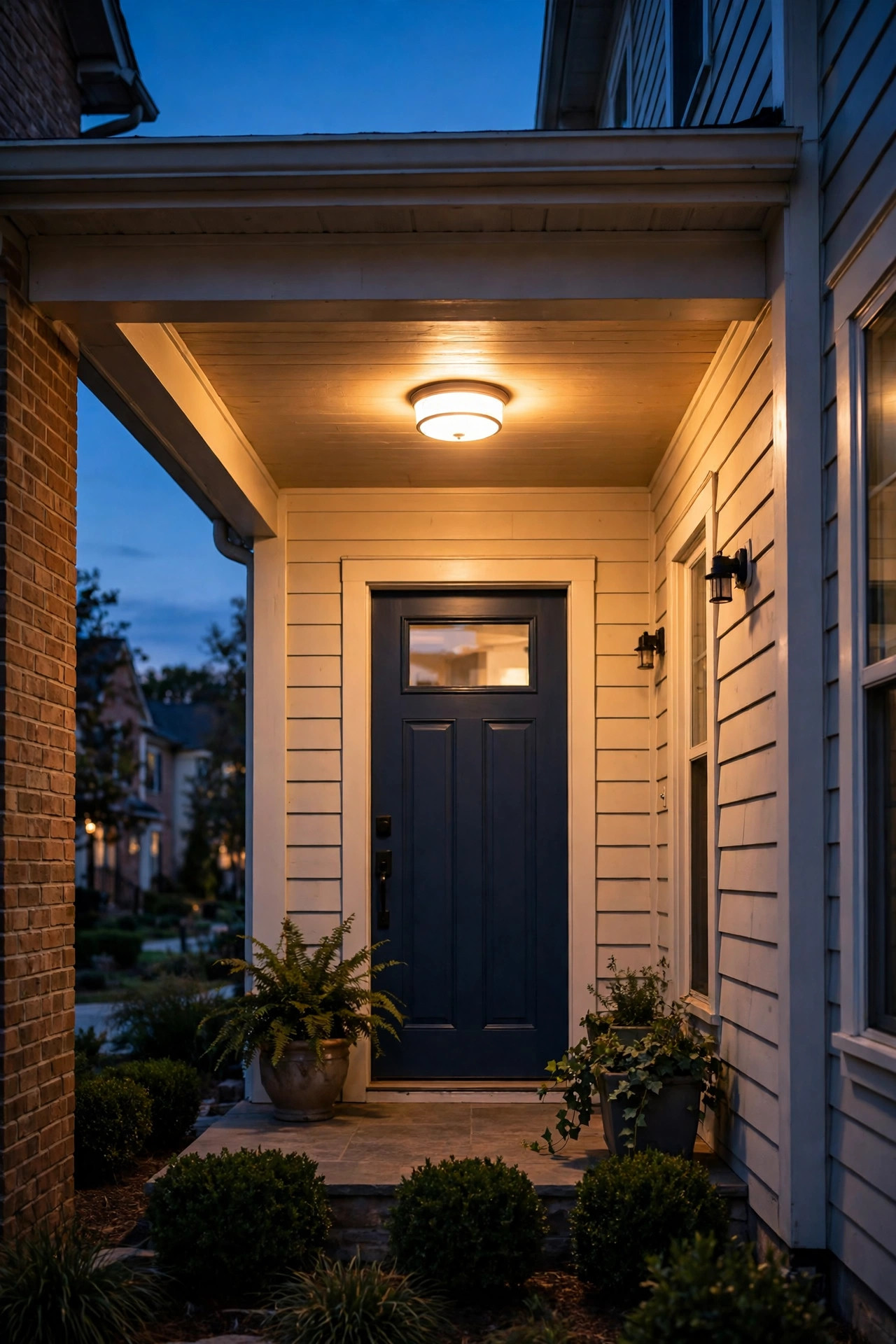 Flush-mount ceiling light spreading warm light across a small covered townhome porch