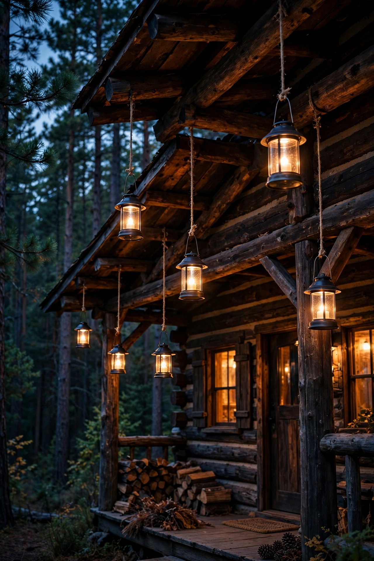 Solar lanterns hanging at varied heights from rustic cabin porch rafters, warm glow at dusk