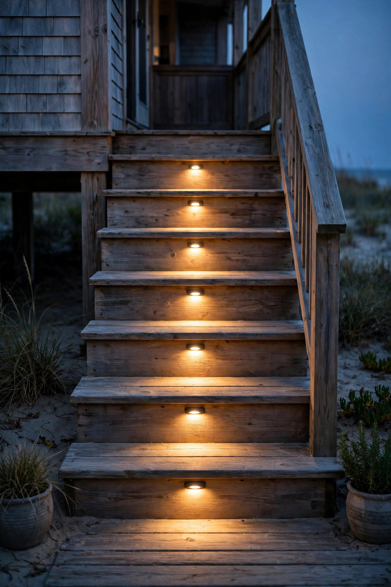 Recessed step lights glowing on the risers of wooden porch stairs at a beach house