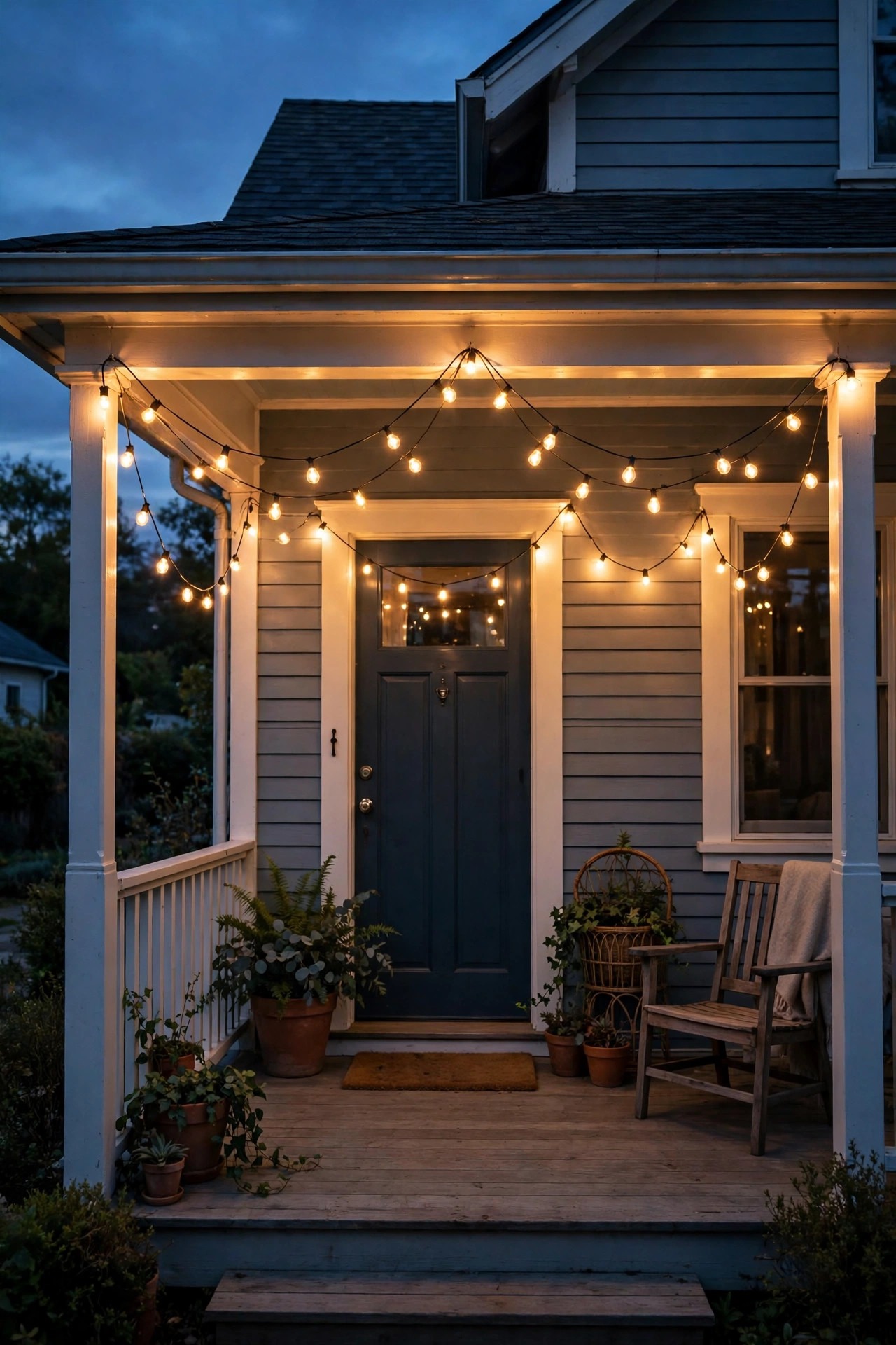 Warm string lights swagged across the full width of a small home's front porch at dusk, stretching the entry