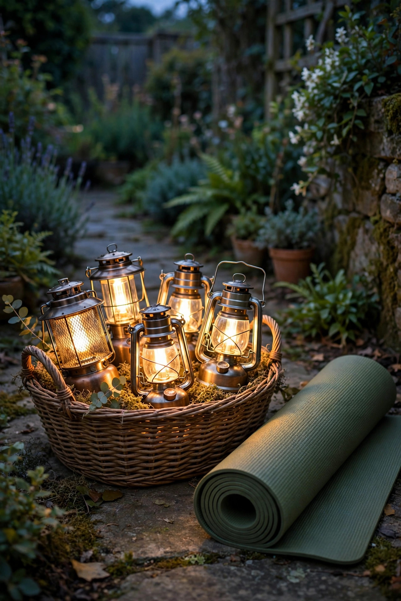 Basket of warm portable battery lanterns beside a yoga mat in a quiet garden corner at dusk