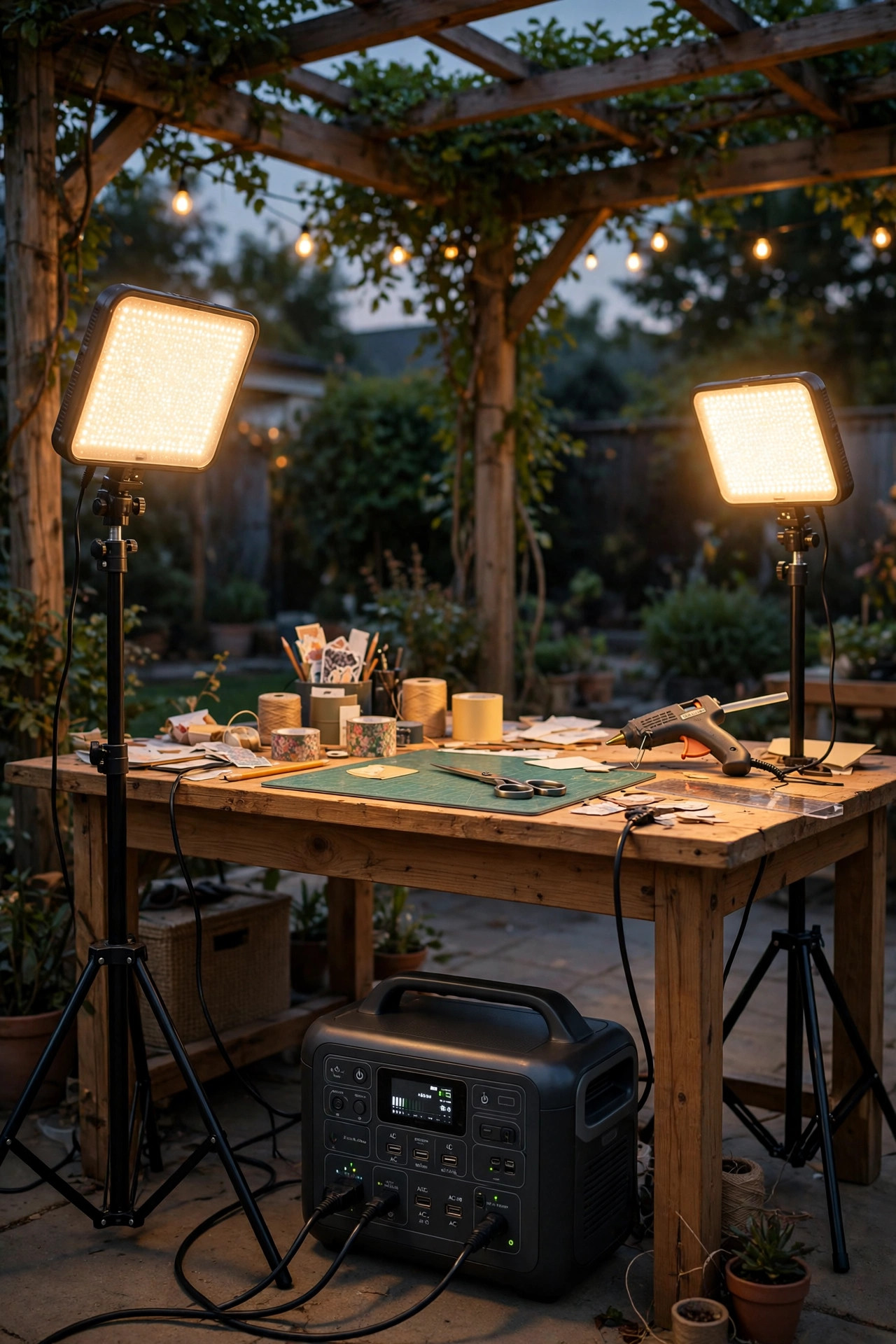 Portable power station under a craft table powering adjustable LED panel lights on tripods at a pergola with no outlet