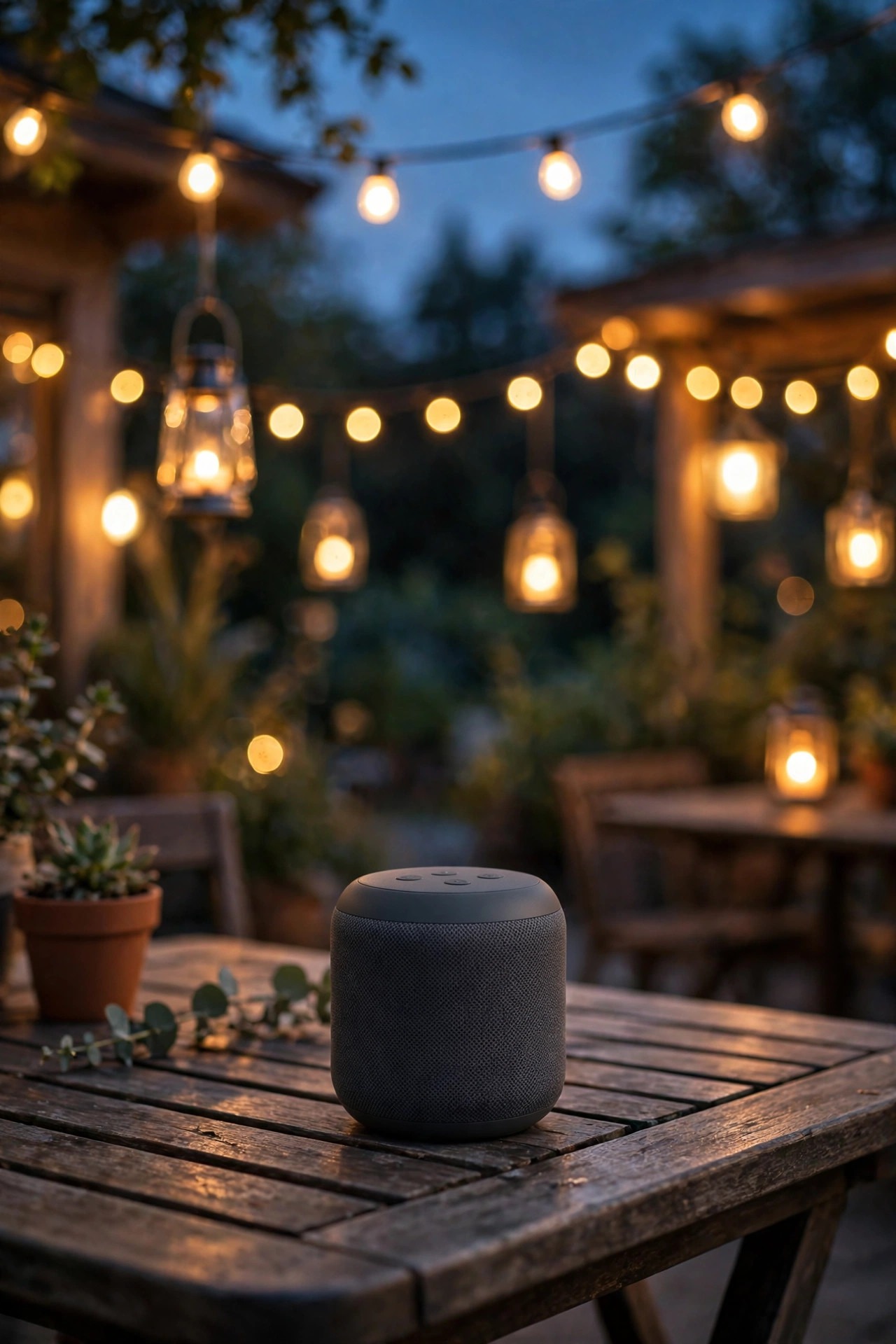 Small portable smart speaker on a rental patio table at dusk surrounded by warm app controlled lights