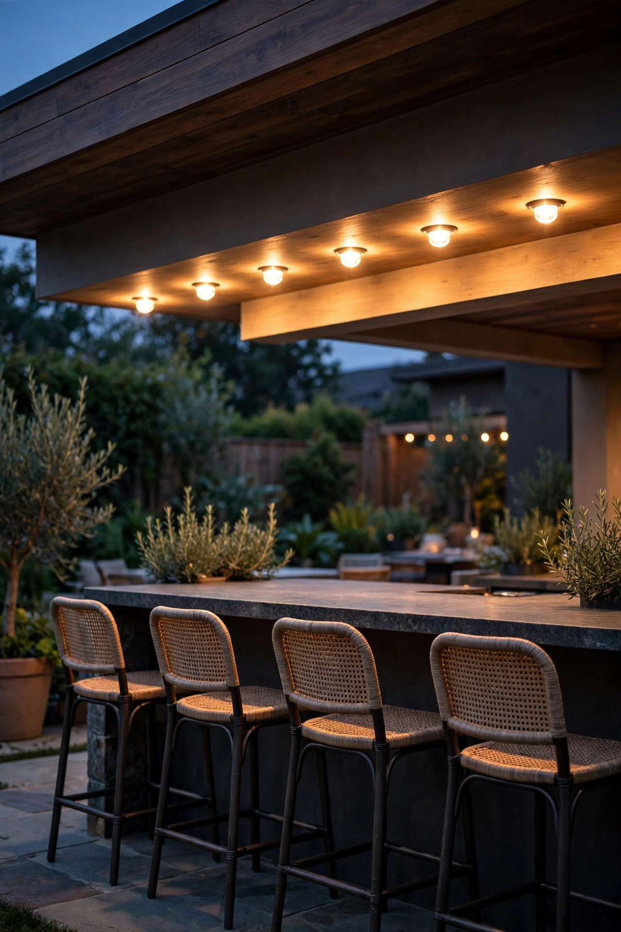 Row of warm puck lights glowing under an outdoor kitchen island overhang above seated counter stools