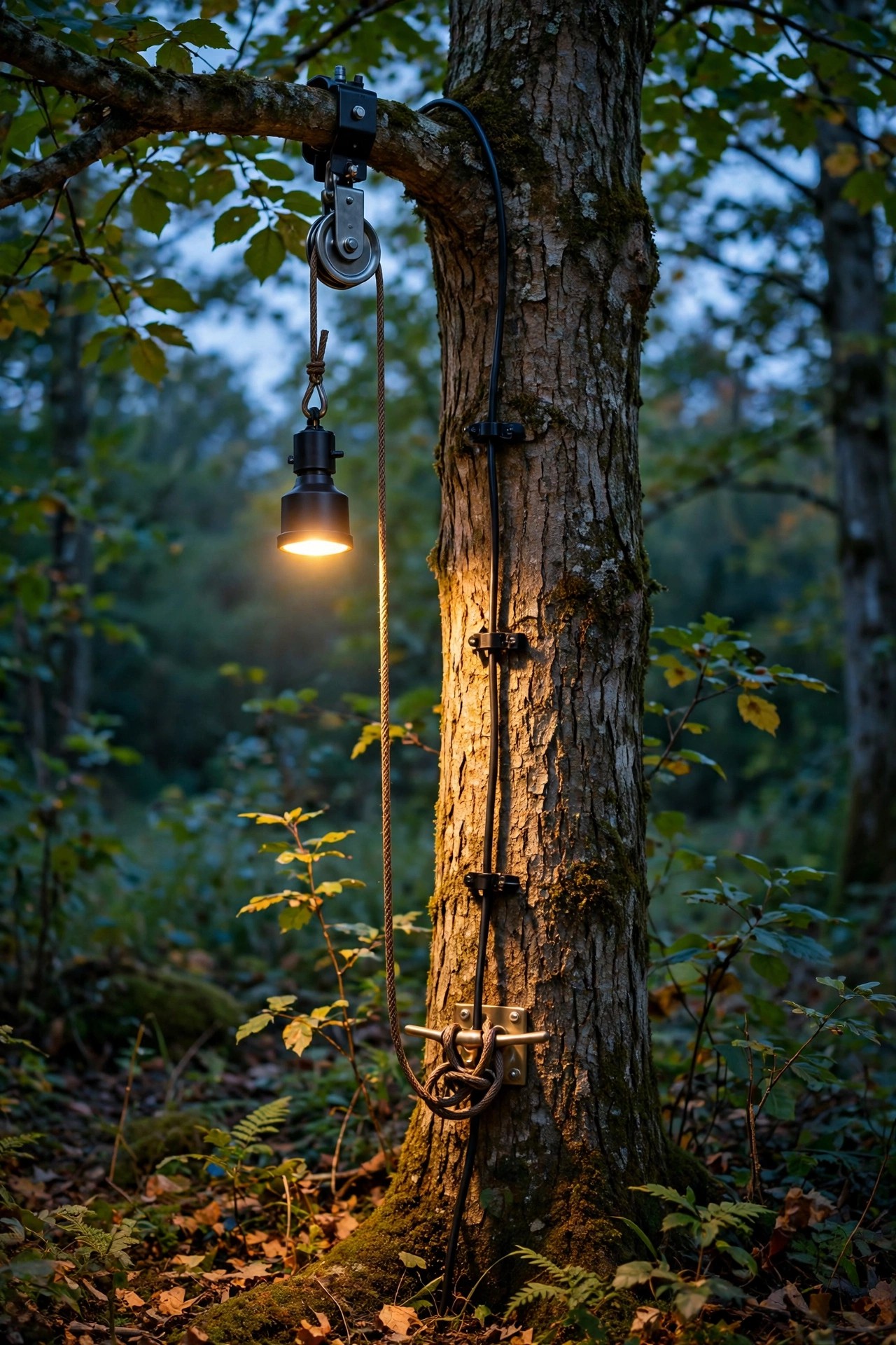 Tree-mounted downlight on a lowering pulley system with a service cable running down the trunk to a cleat for easy maintenance at dusk