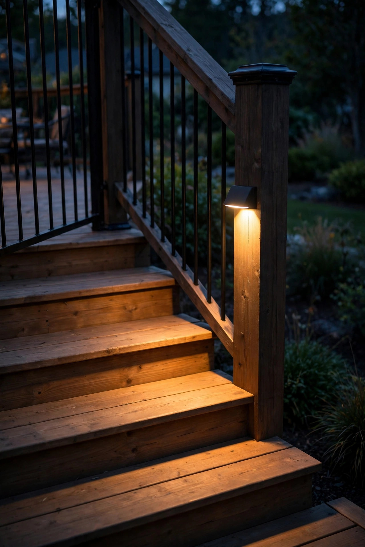 Railing post mounted step lights washing warm light down across several deck treads at night